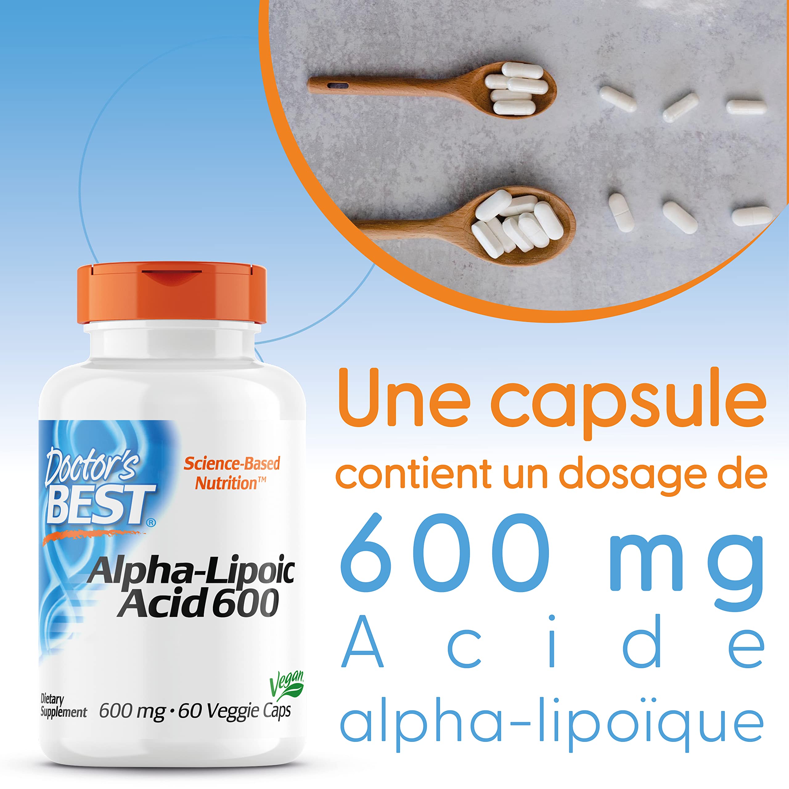 Doctor's Best, Alpha-Lipoic Acid (Acide Lipoïque Alpha), 600 mg de Dépôt, Dose de 2 Jours, 60 Gélules végétaliennes, Hautement Dosé, Testé en Laboratoire, Sans OGM, Sans Gluten