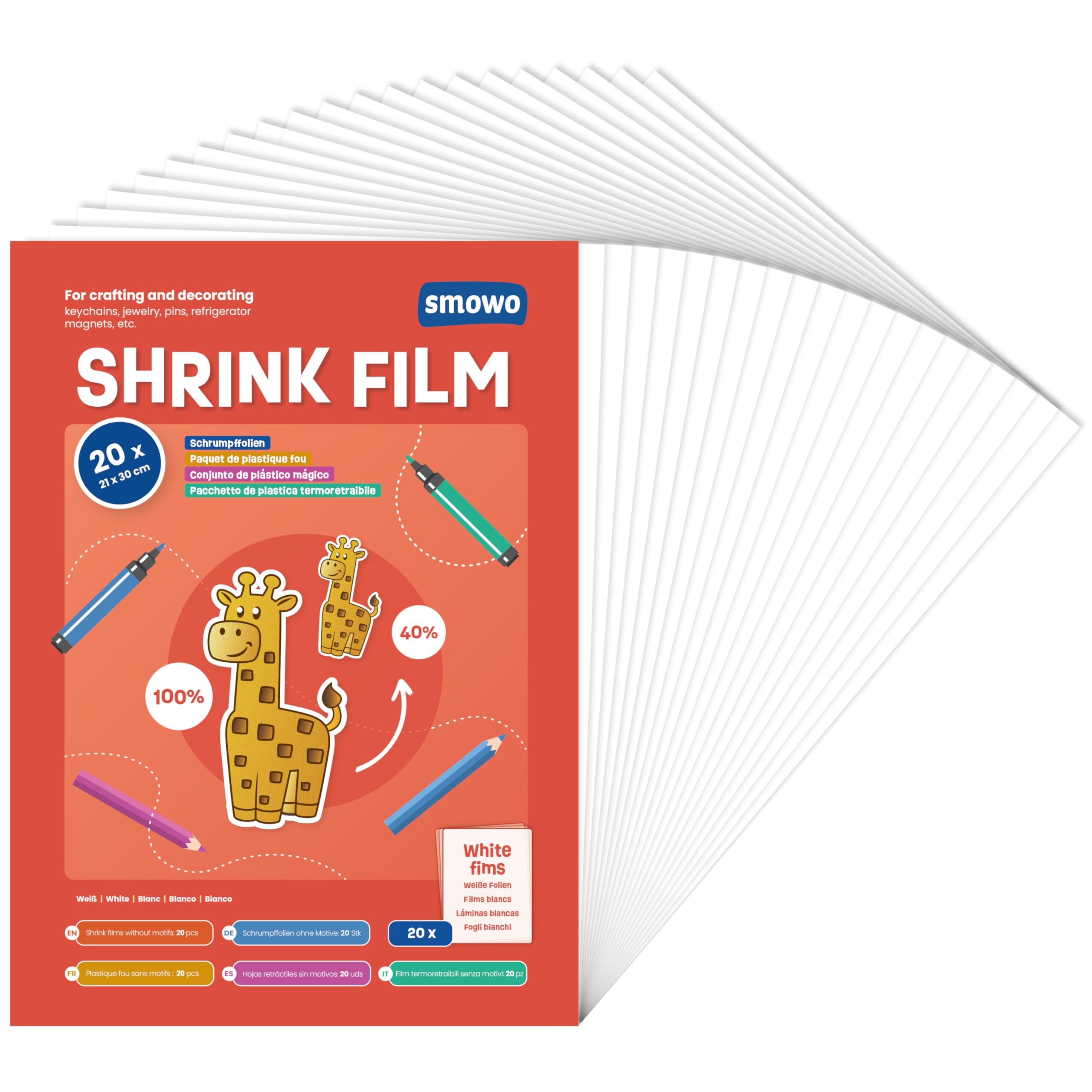 Smowo Pack of 20 Transparent Shrink Films - Shrinking Plastic Films for Crafts - A4 Shrink Film Sheets Matte