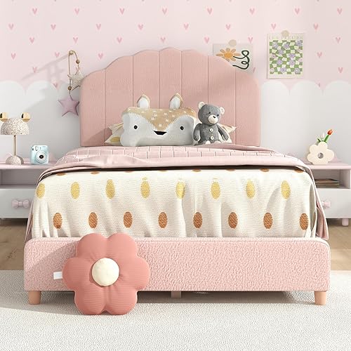 Miniatura 21 de HONEY JOY Marco de cama individual para niños, plataforma de cama individual de madera con cabecera y base de listones, no necesita somier, muebles