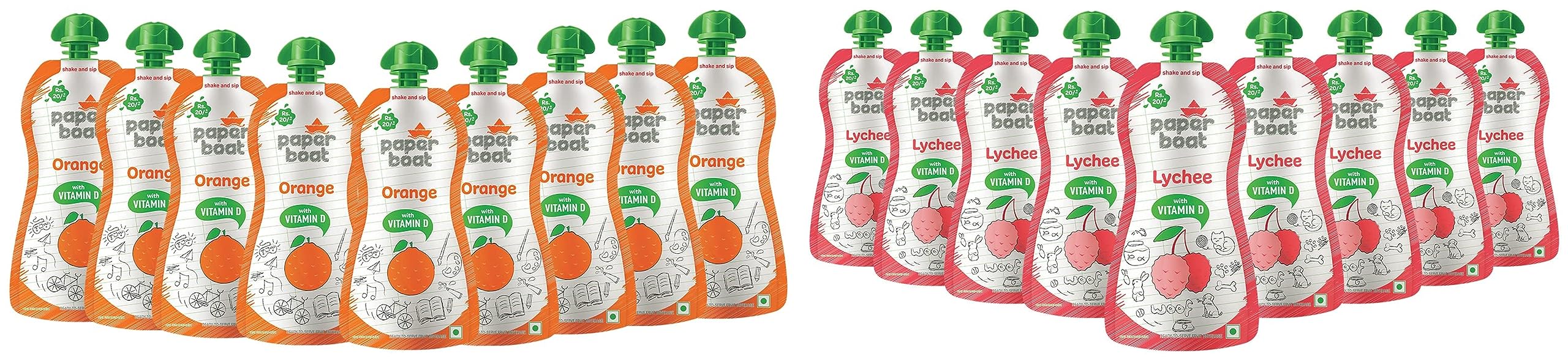 Paper Boat Orange Juice, Enriched with Vitamin D (Pack of 9, 150ml each) & Paper Boat Lychee Juice, Litchi Jelly Drink Enriched with Vitamin D (Pack of 9, 150ml each), Pink