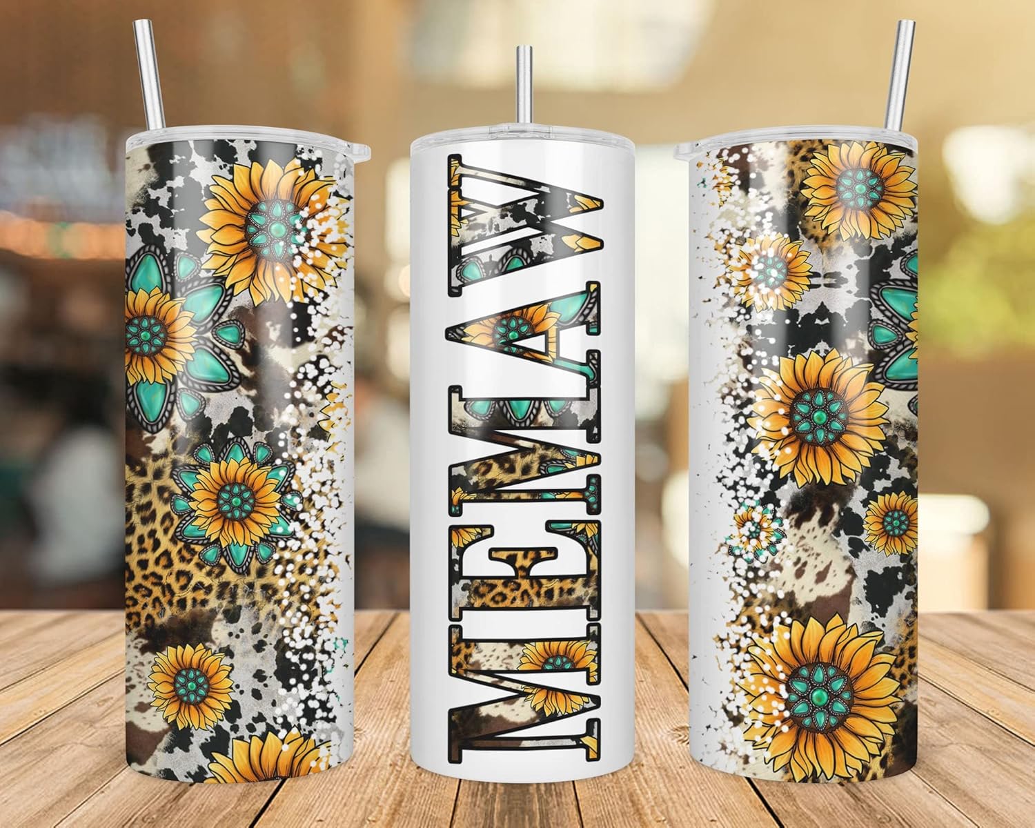 Memaw Sunflower Turquoise Gemstone And Leopard - Memaw Skinny Tumbler Cowhide Distressed Tumbler - Western Tumbler 20Oz White