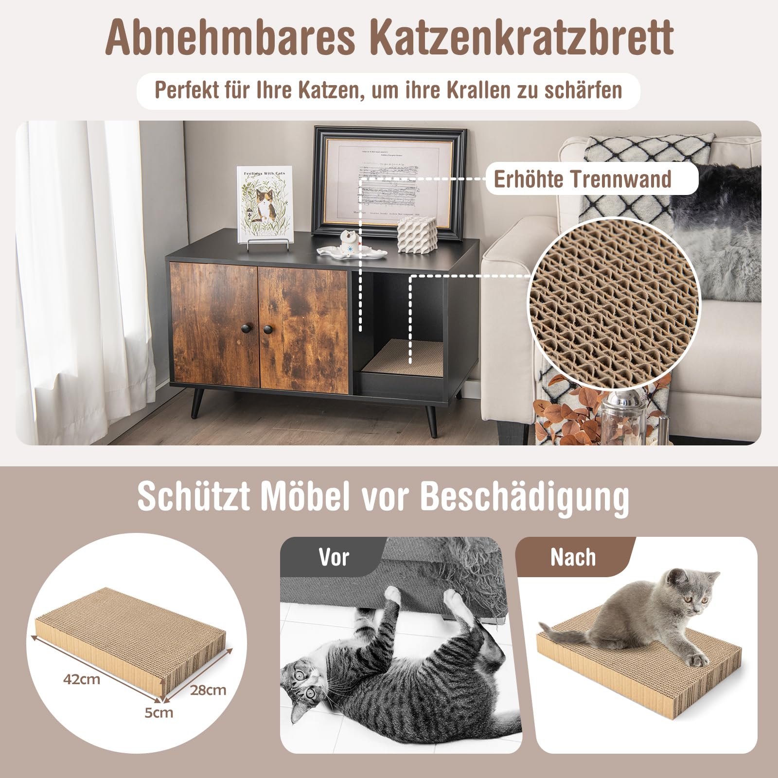 COSTWAY Katzenschrank für Katzentoilette, 2 in 1 Beistelltisch Katzenhaus, Katzenklo Schrank mit Kratzbrett & 2 Türen & Eingang, Katzenmöbel für Katzen Hunde Haustier, 90x50x54cm (Vintage)