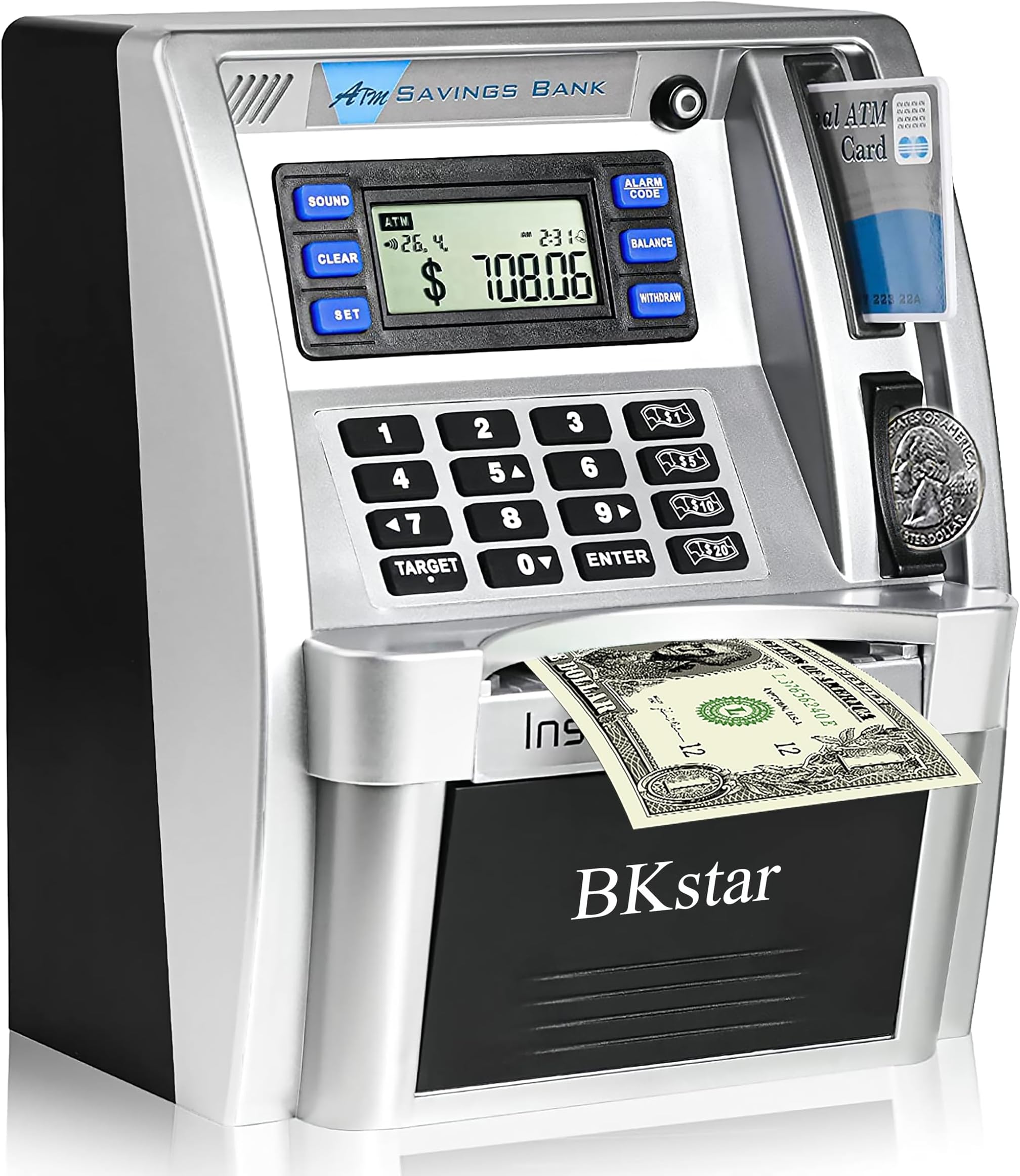 BKstar 𝐁𝐊𝐬𝐭𝐚𝐫 𝟐𝟎𝟐𝟑 𝐔𝐩𝐠𝐫𝐚𝐝𝐞𝐝 Kids Talking Piggy Bank, ATM Savings Toy Bank for Real Money with Real Voice Prompt, Deposit, Withdraw, Debit Card, Saving Target, Timer and Clock