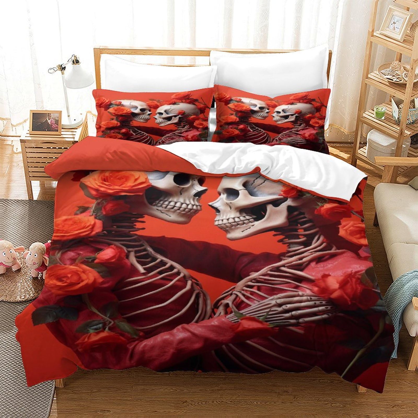 P1S9U7W5Y Romantic Skeleton Couple 3D Printed Duvet Cover Set 3pcs Microfiber Rose Bedding Set Double