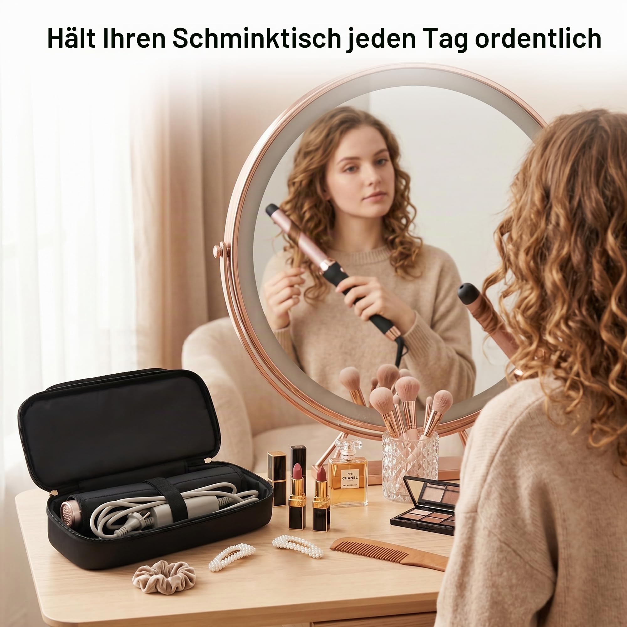 Hänge Haartrocknertasche, kompatibel mit Dyson Airwrap und Shark FlexStyle, Wasserabweisende Organizer Tasche mit Trennwand, Reise Kosmetiktasche, Geschenk für Frauen, Schwarz