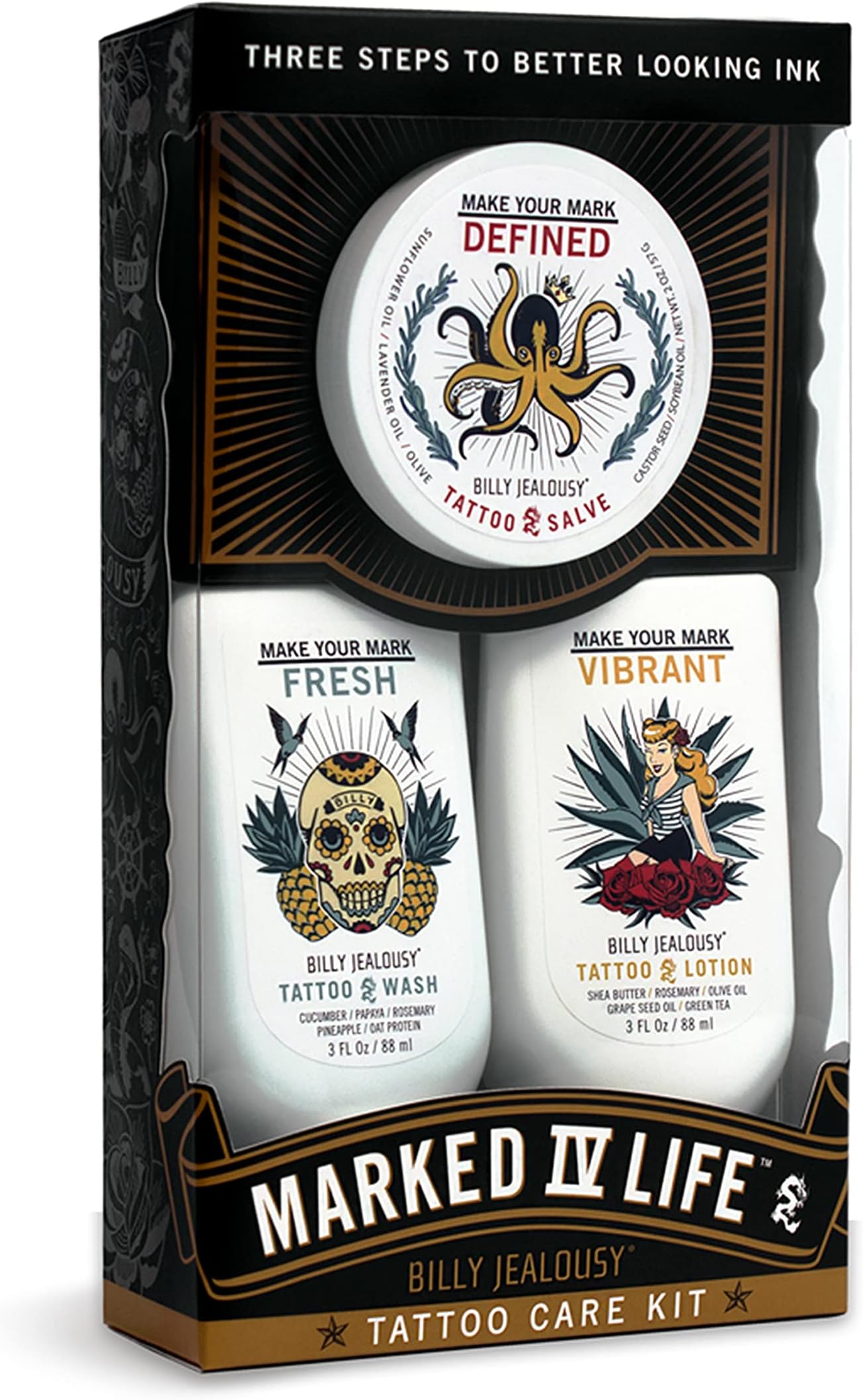 Marked IV Complete Tattoo Care Kit, Make Your Mark Defined, Fresh and Vibrant, Includes Aftercare Ink Salve, Brightening Soap and Moisturizing Tattoo Lotion