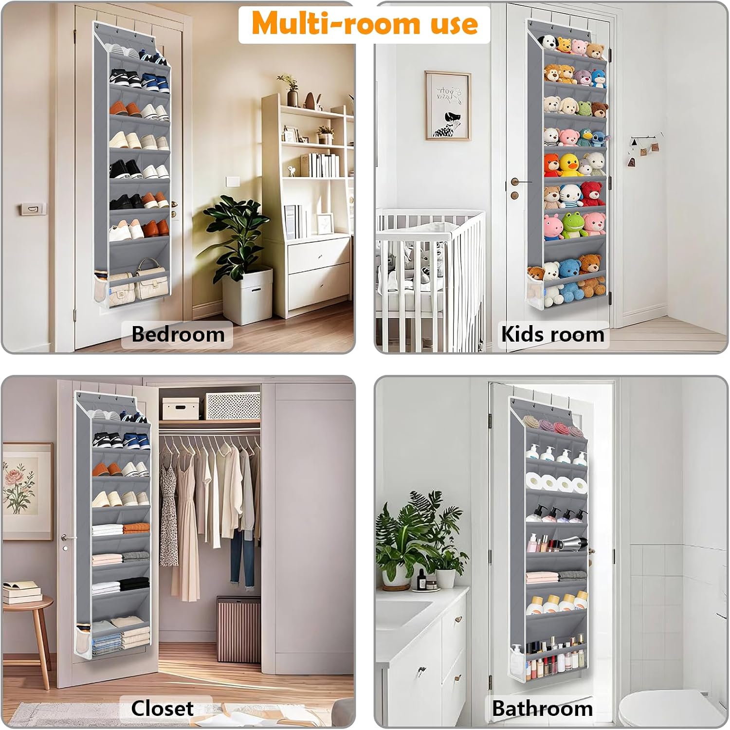8-Tier Over the Door Shoe Organizer, Large Deep Pockets Hanging Shoe Storage for Closet, Heavy Duty Door Shoes Rack, Handing Shoes Holder for Sneakers, Boots, Heels, Grey, Model-C