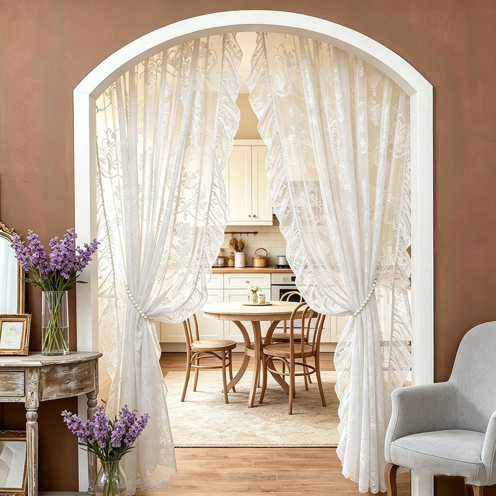 Französische Spitzenvorhang Durchlässig Spitzenvorhang 2 Stück Spitzengardinen Gardinen Vintage-Fensterbehandlung Ösenvorhang für Wohnzimmer Schlafzimmer, Weiß-140x260CM