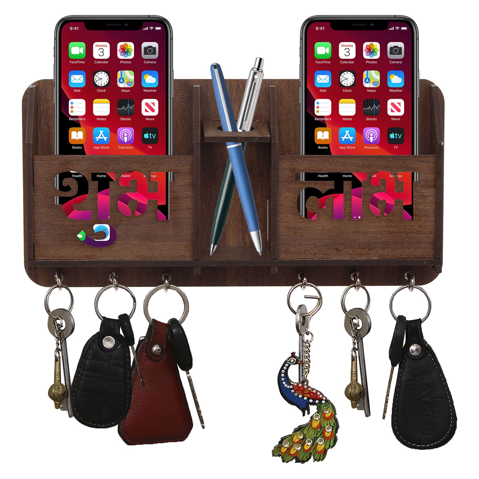 SHREE RAM IMPEX Shree Ganeshay Namah Shubh Labh Key Hanger and Mobile Holder for Wall Decor Wooden Stylish Key Organizer for Home Decor and Office Decor
