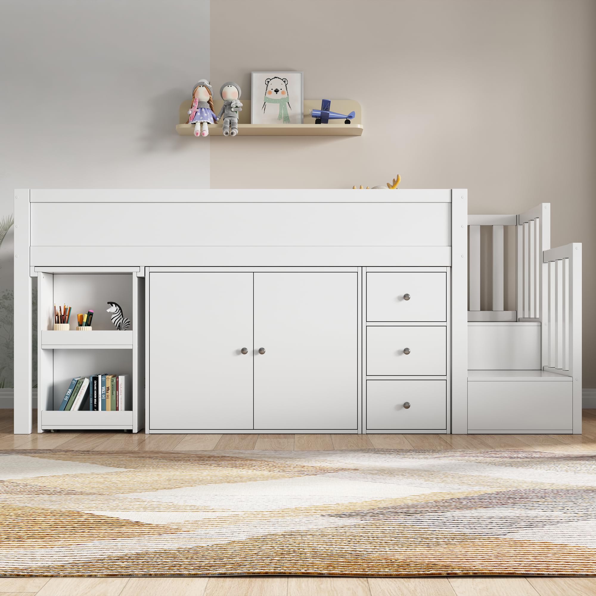 Soweiz Cuna, cama alta para niños con escritorio extensible y compartimento lateral de almacenamiento, con armario, con cajón, con escalera y armario para escaleras, sin colchón, color blanco 90 x 200