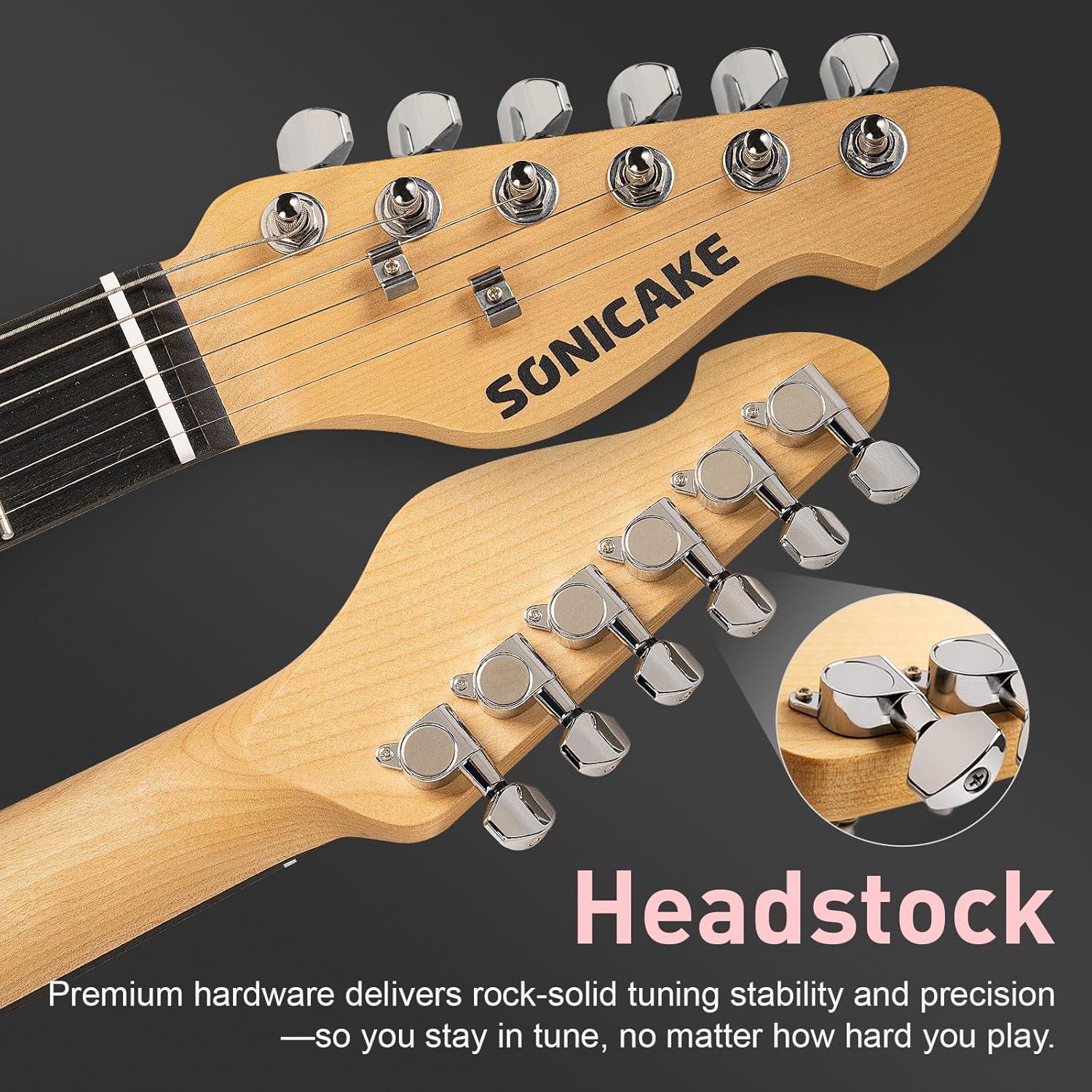 Close-up of Sonicake electric guitar headstock with tuners