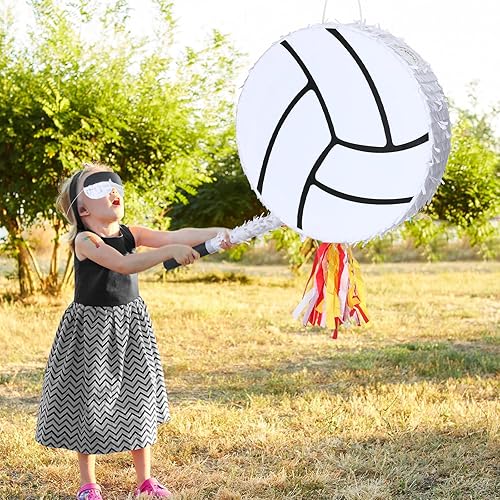 Miniatura 5 de Hiboom Piñata de voleibol para fiesta de cumpleaños, piñata con palo, máscara de ojos de papel, piñata deportiva con los ojos vendados, piñata de