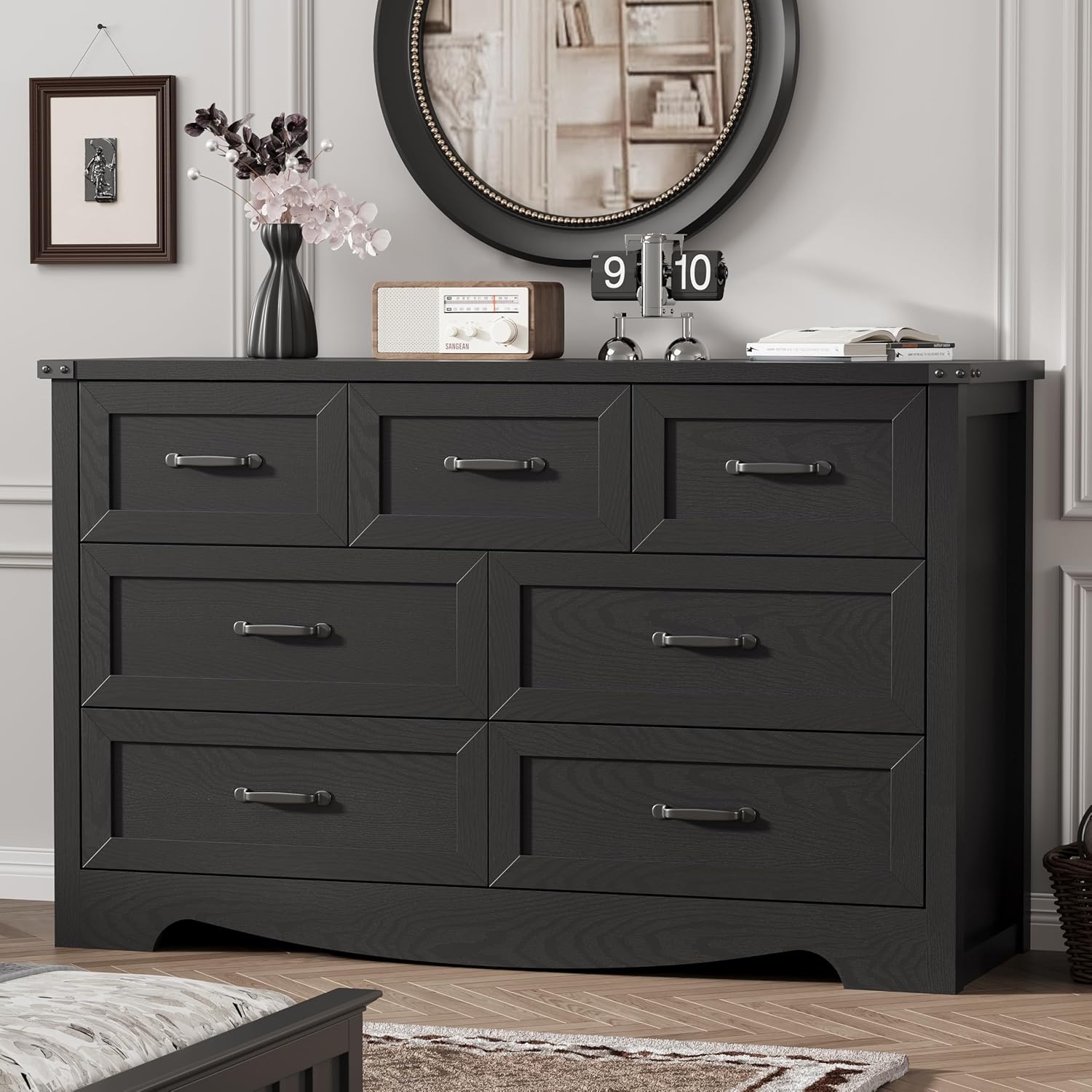 Dresser for Bedroom with 7 Drawers, 58" Wide Wood Chest of Drawers with Deep Drawers & Mental Handle, Modern Dresser TV Stand, Wooden Closet Storage Organizer for Living Room, Hallway, Entryway, Black