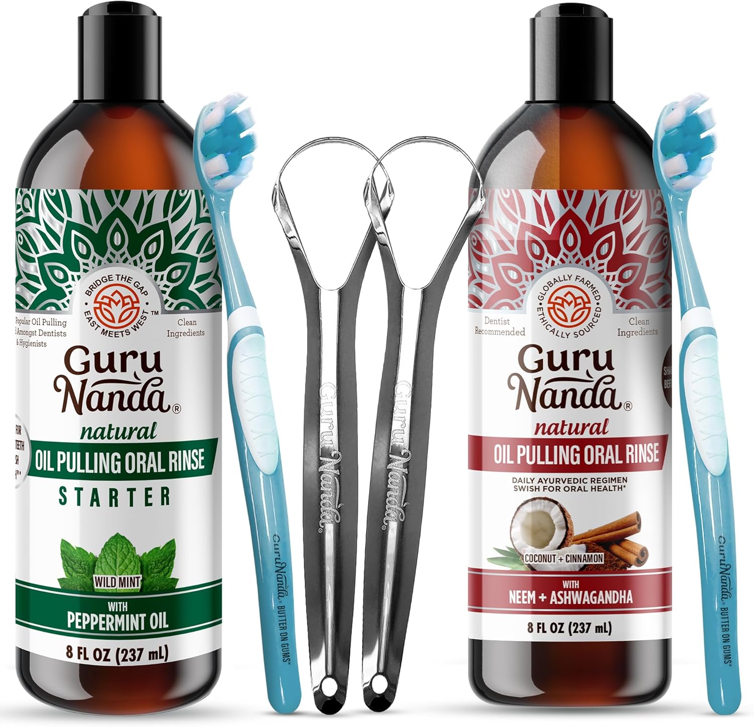 GuruNanda Coconut & Peppermint Oil Pulling (8 Fl.Oz) and Ashwagandha Oil Pulling (8 Fl Oz), Alcohol Free Whitening Mouthwash for Fresh Breath & Whiter Teeth