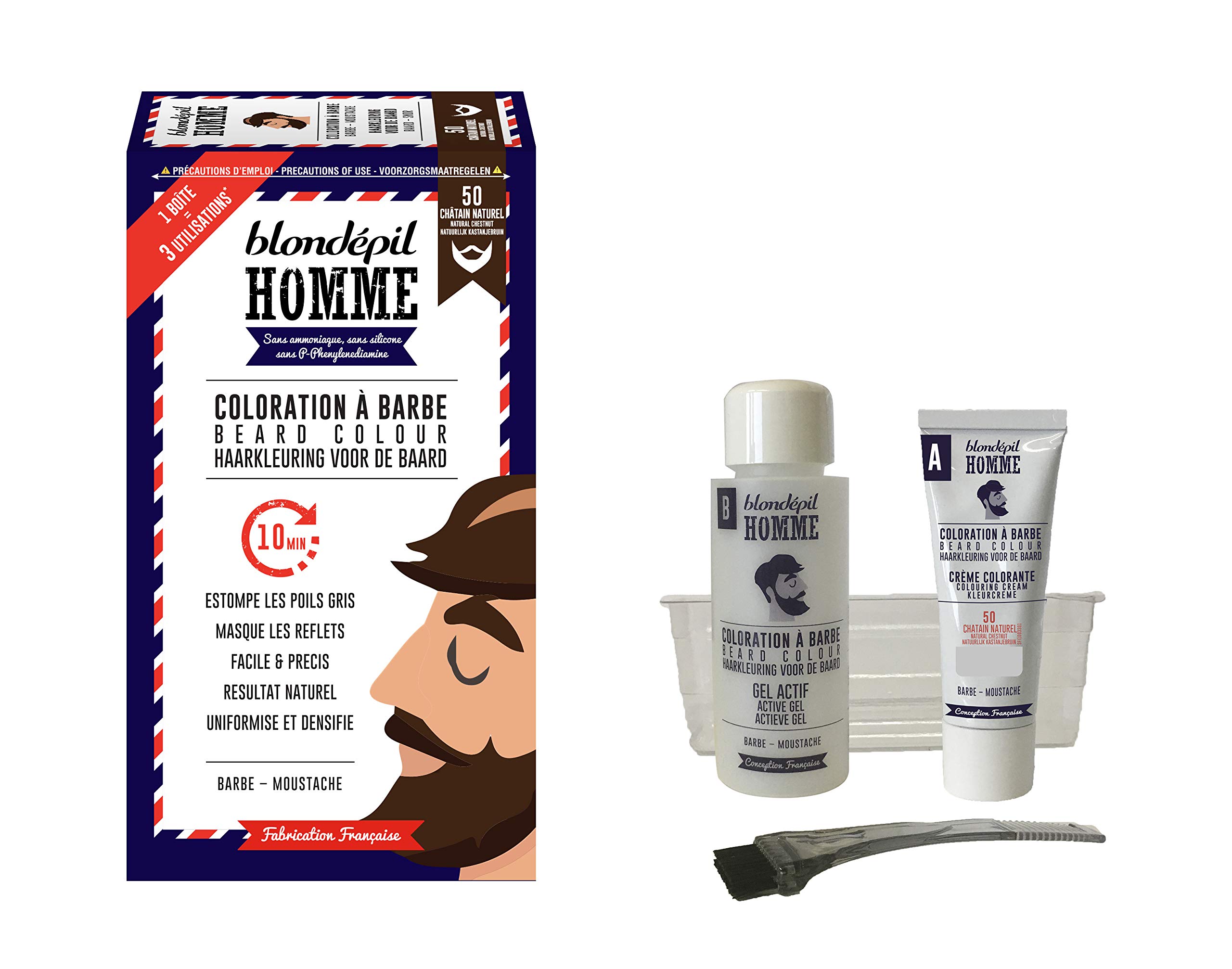 Blondépil Homme Coloration A Barbe Châtain Naturel Barbe/Moustache Kit 3 Utilisations