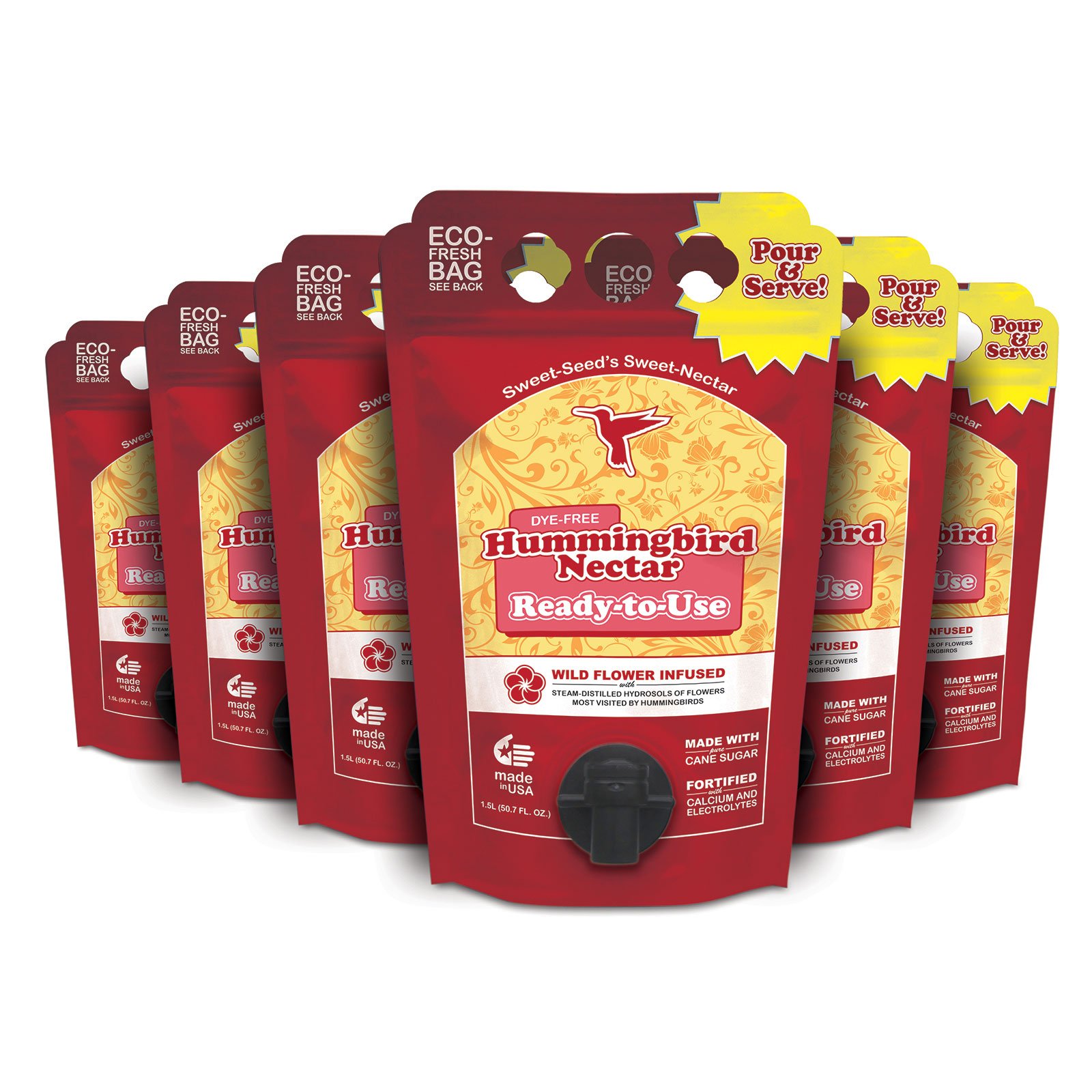 Sweet-Seed 6-Pack Hummingbird Nectar, 1.5 L (50.7 oz) - Ready to Use, Made in The USA | Extends The Life of Nectar for Hummingbird Feeders - The Ultimate Humingbird Food