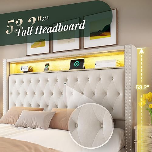 Miniatura 13 de Jocisland Base de cama tamaño Queen de 53.6 pulgadas de alto, cabecero de almacenamiento con luces LED y estación de carga, cama tapizada de Negro
