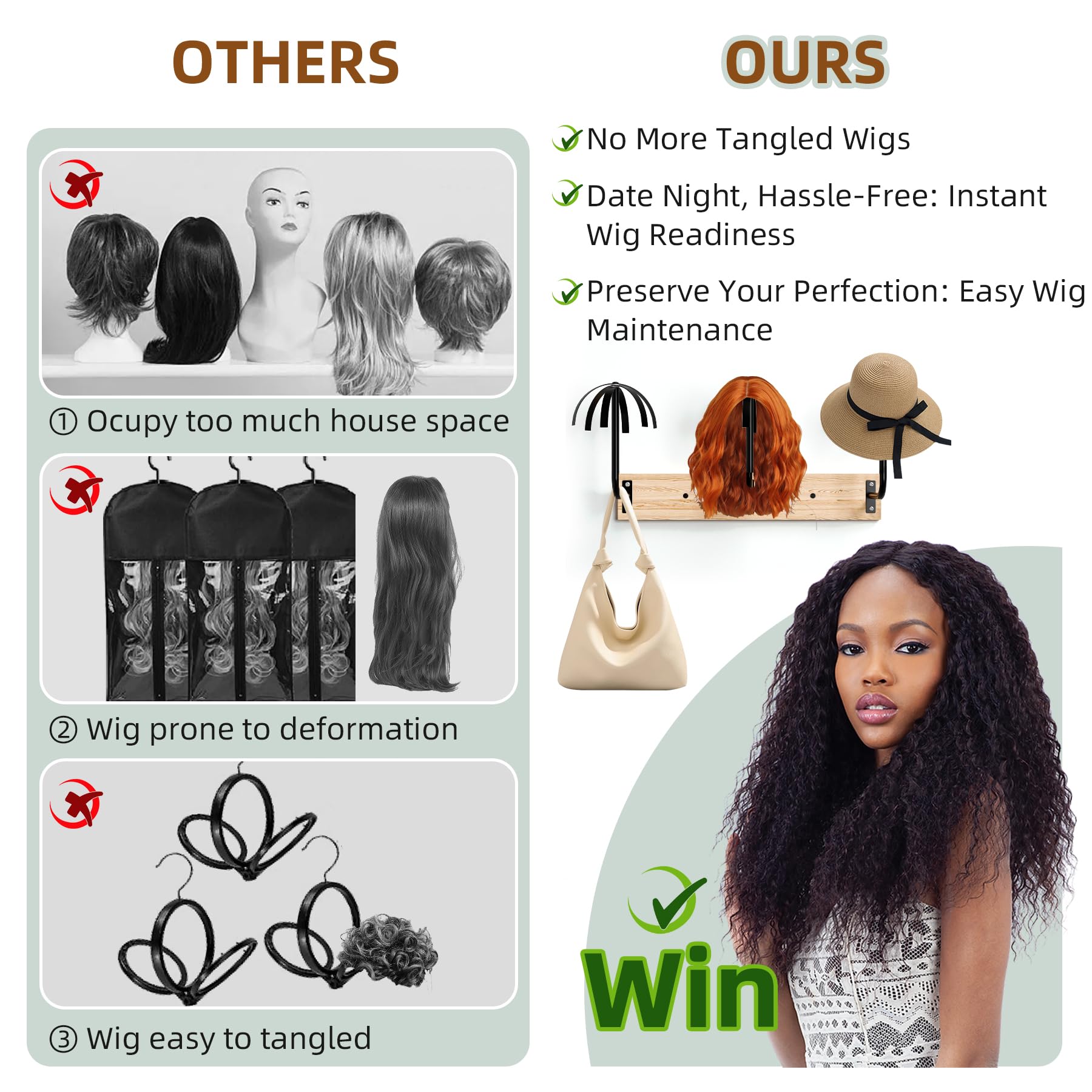 Wig Holder for Multiple Wigs, Wall-Mounted 6-Wig Storage Organizer