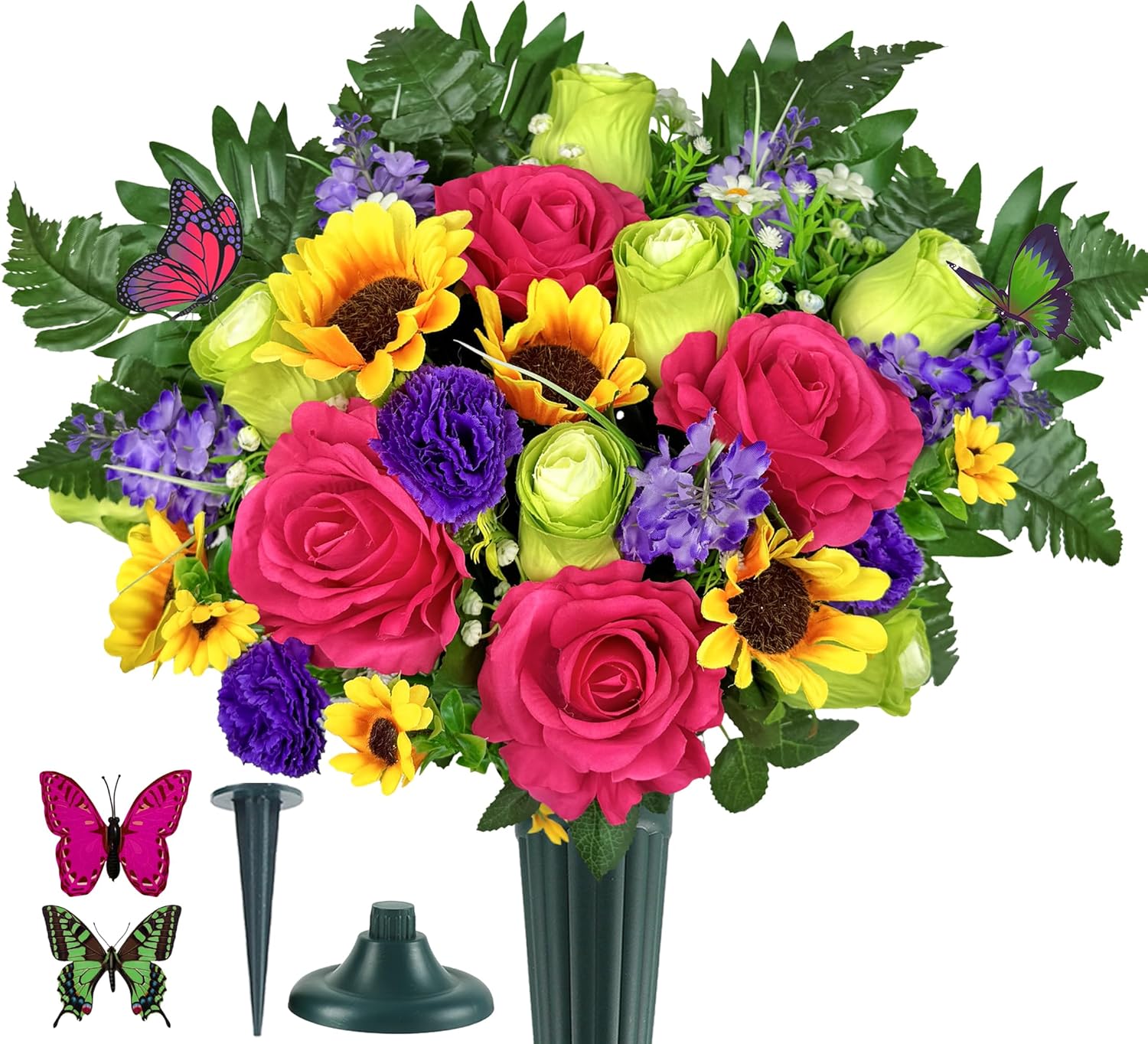 SUHOOKOO Grave Flowers for Cemetery,Colorful Memorial Silk Bouquet with Vase for Graveyard Decor,Easy Fit