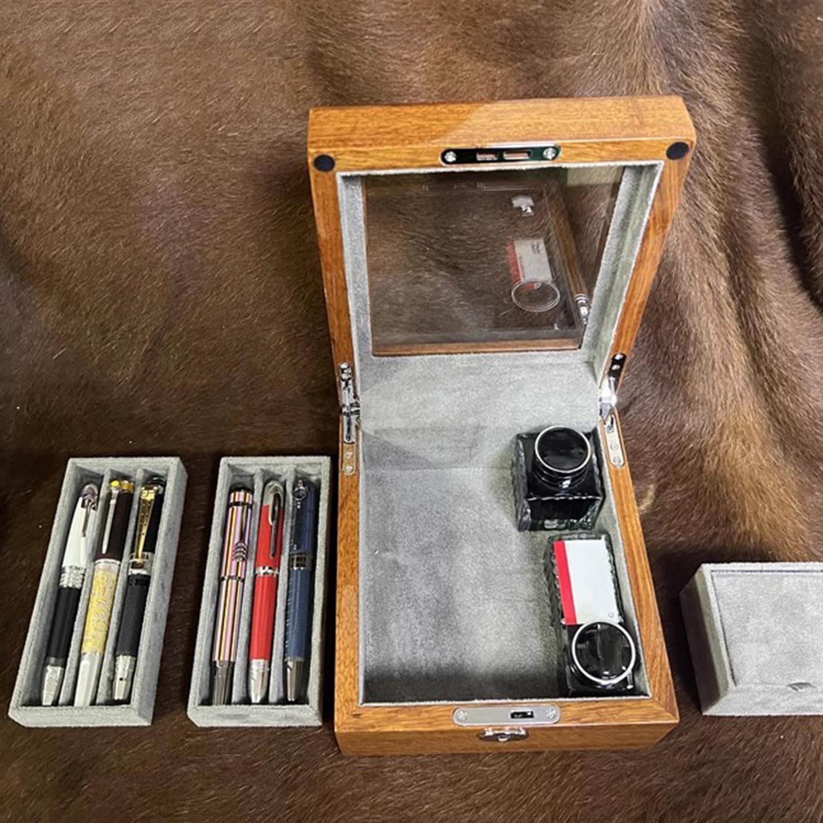 Scatola espositiva per penne in legno, scatola porta penne dal design retrò, 6 scomparti per penne e 2 scomparti per bottiglie d'inchiostro, con finestra in vetro e cassetto, per riporre scatole di pe