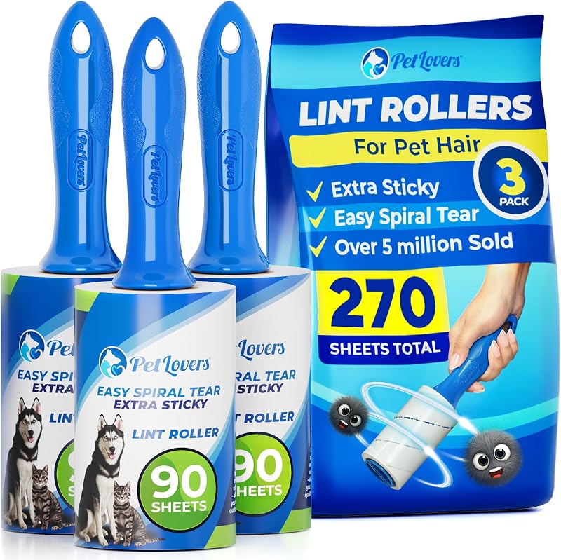 Extra Sticky Lint Roller Value Set 270 Sheets for Pet Hair Removal and Clothes, Dog and Cat Lint Remover, 3 Pack