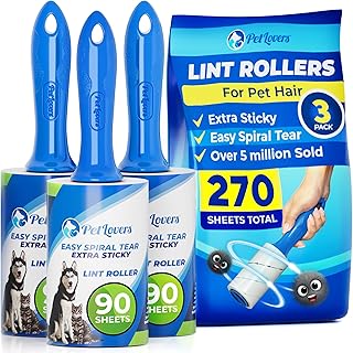 PetLovers Extra Sticky Lint Roller Value Set 270 Sheets for Pet Hair Removal and Clothes, Dog and Cat Lint Remover, 3 Pack