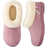 EverFoams Women's Microsuede Cozy Memory Foam Winter Slippers with Fuzzy Faux Fur Collar and Indoor Outdoor Rubber Sole