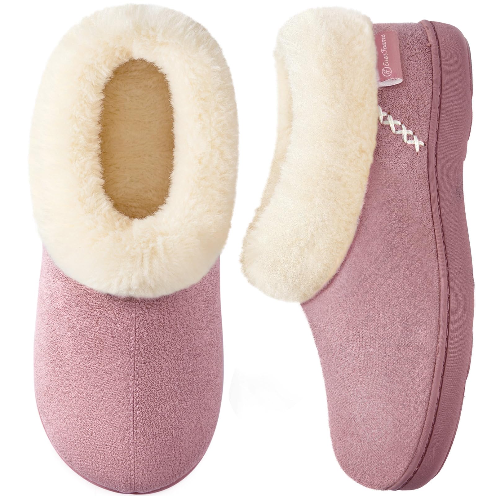 Women's Microsuede Cozy Memory Foam Winter Slippers with Fuzzy Faux Fur Collar and Indoor Outdoor Rubber Sole