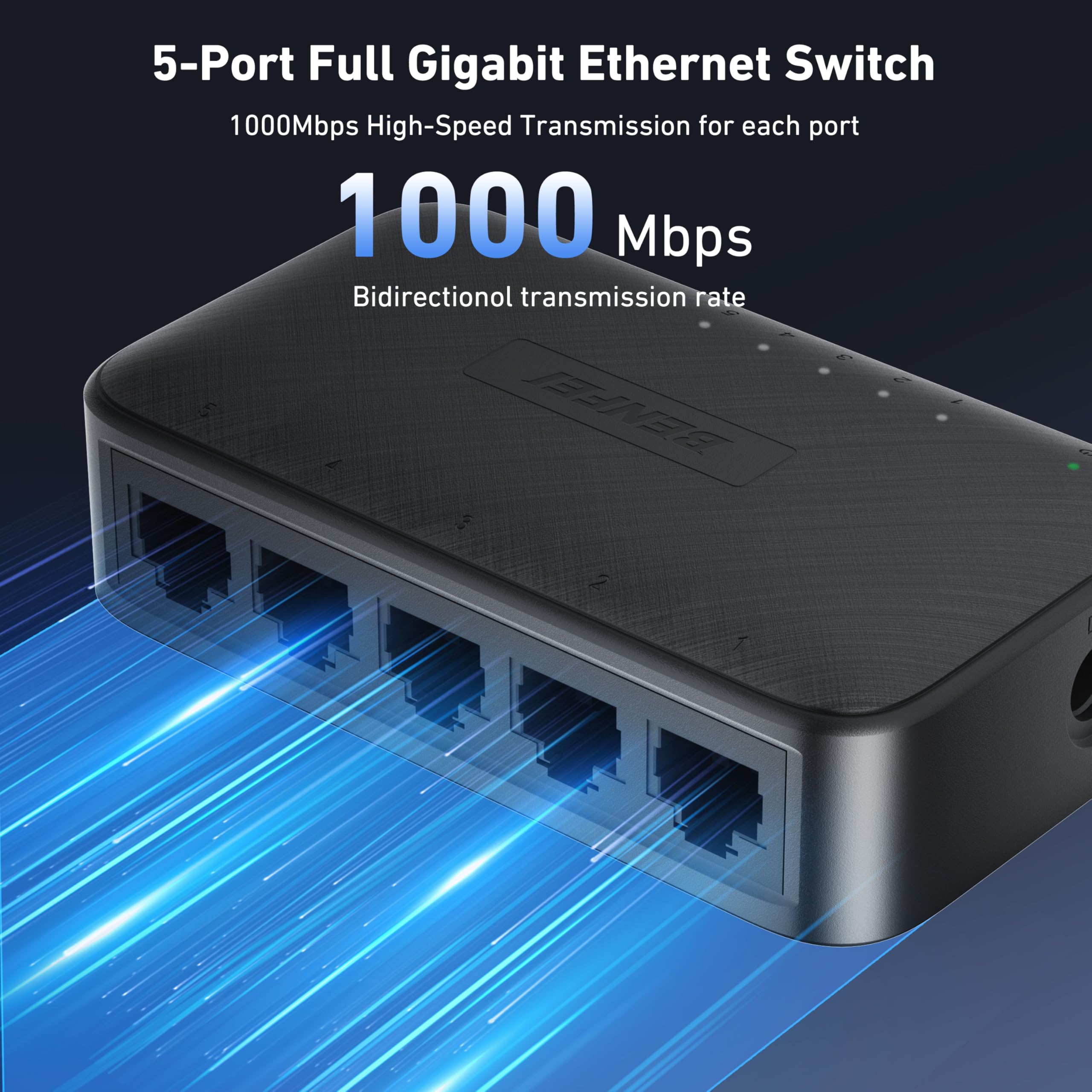 BENFEI 5-Port Gigabit Ethernet Switch, Wall Mount & Desktop Network Switch Hub, Ethernet Splitter, Plug & Play, Unmanaged, Compact, with LED, Fanless Quiet (for Router, NAS, Laptop, Gaming) - 3