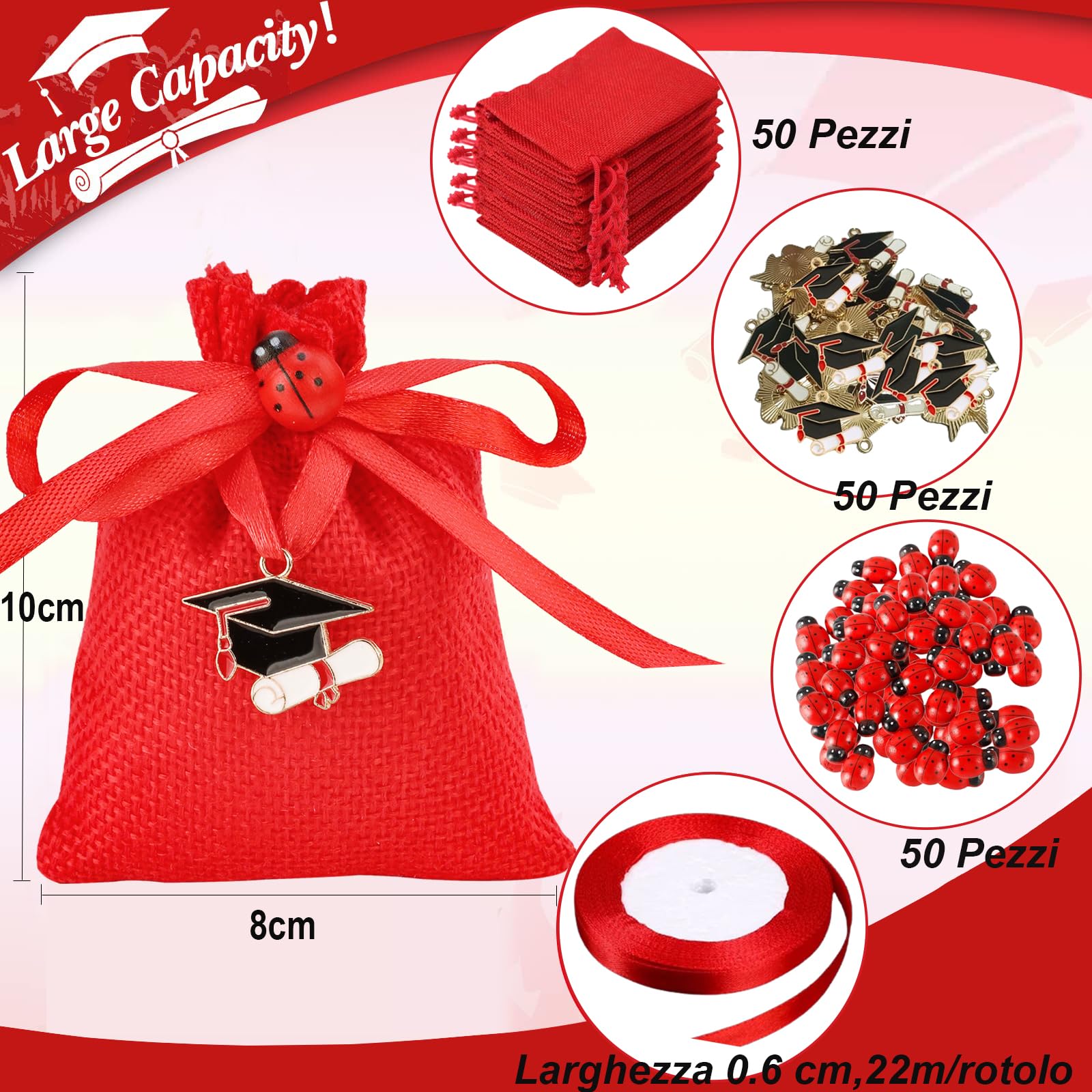 Sonekin 50pz Bomboniere Laurea, Rosso Sacchetti Laurea (Stile A-50pz) | Facile da Assemblare, Ben Fatto, Facile da Chiudere, Pensato per Cerimonie di Laurea, Molto Carino, Bomboniere Perfette