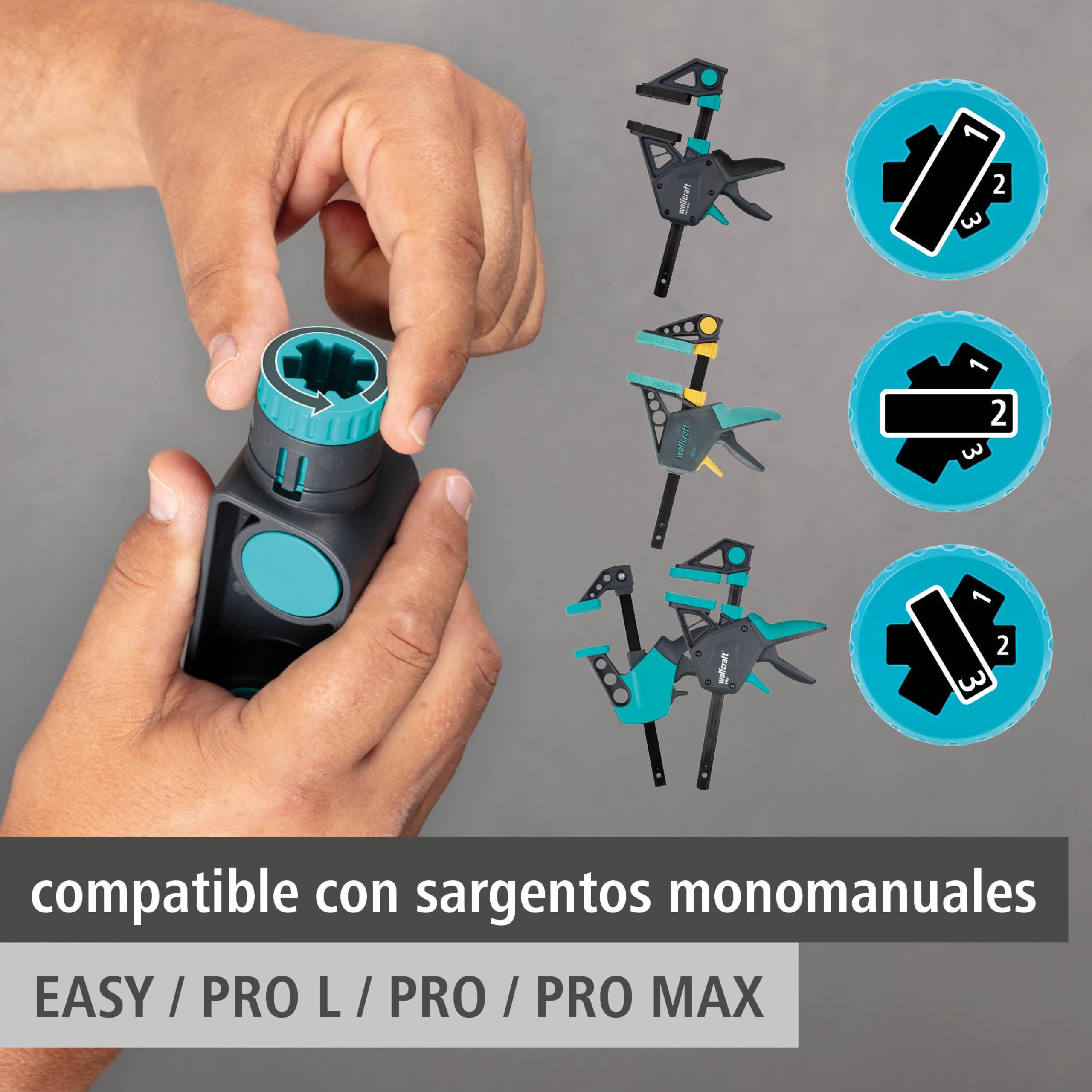 wolfcraft Juego de pinzas XL para una mano PRO, 3 piezas. - Fuerza de sujeción 150 kg - 8673060 - Sujeción cómoda para uso universal con anchuras de sujeción de hasta 1.060 mm