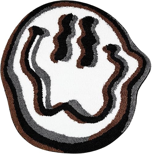 Miniatura 8 de Estmy Linda alfombra redonda hippie Funky de 3 pies para baño, dormitorio, cocina, antideslizante, lavable, cara feliz, blanco, negro, marrón,