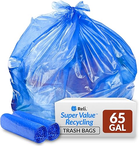 Reli. SuperValue - Bolsas de reciclaje de 65 galones, 50 unidades, bolsas de basura azules, fabricadas en los Estados Unidos