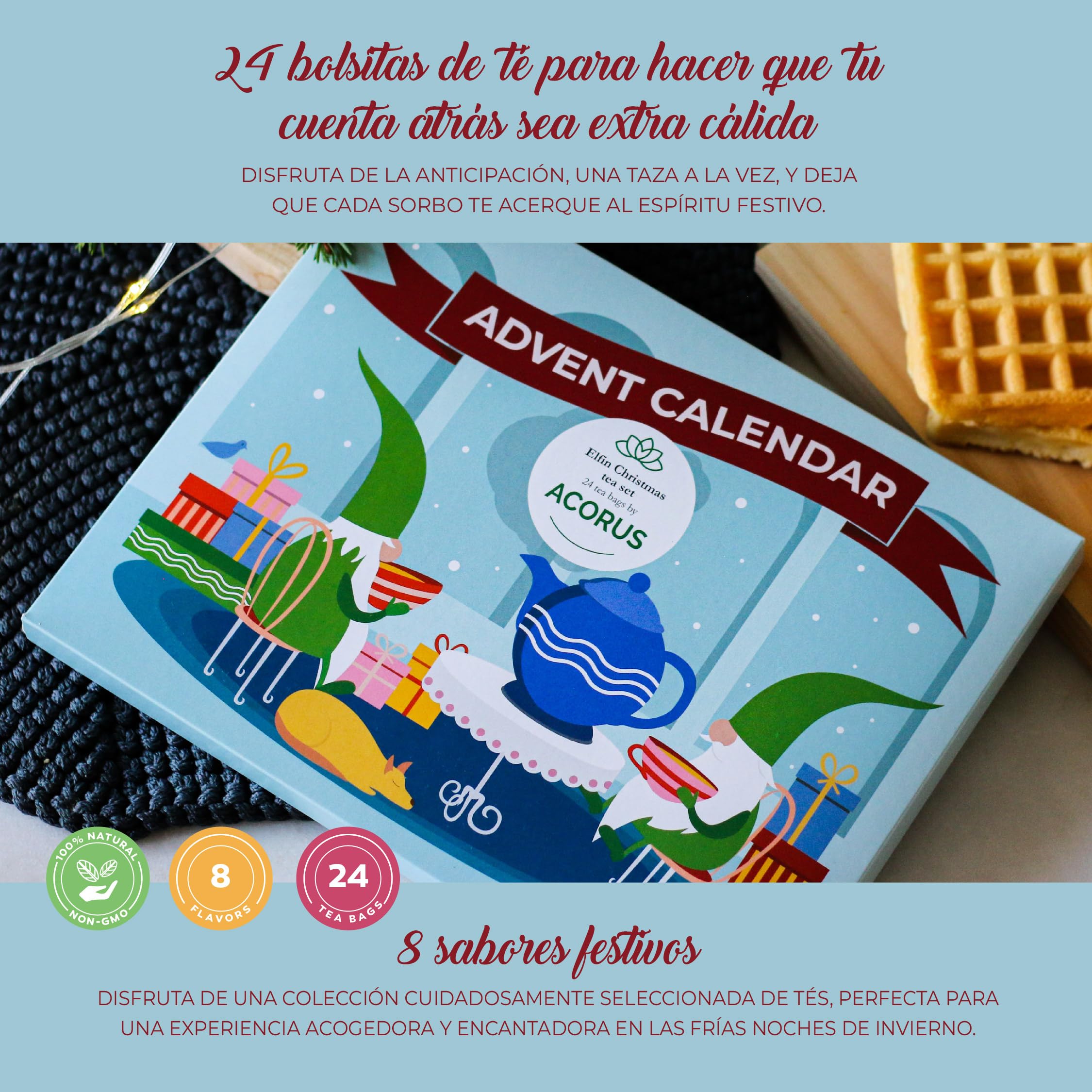 Calendario de Adviento 2025 Elfin de Té de Acorus, 24 Bolsitas de Té Navidad