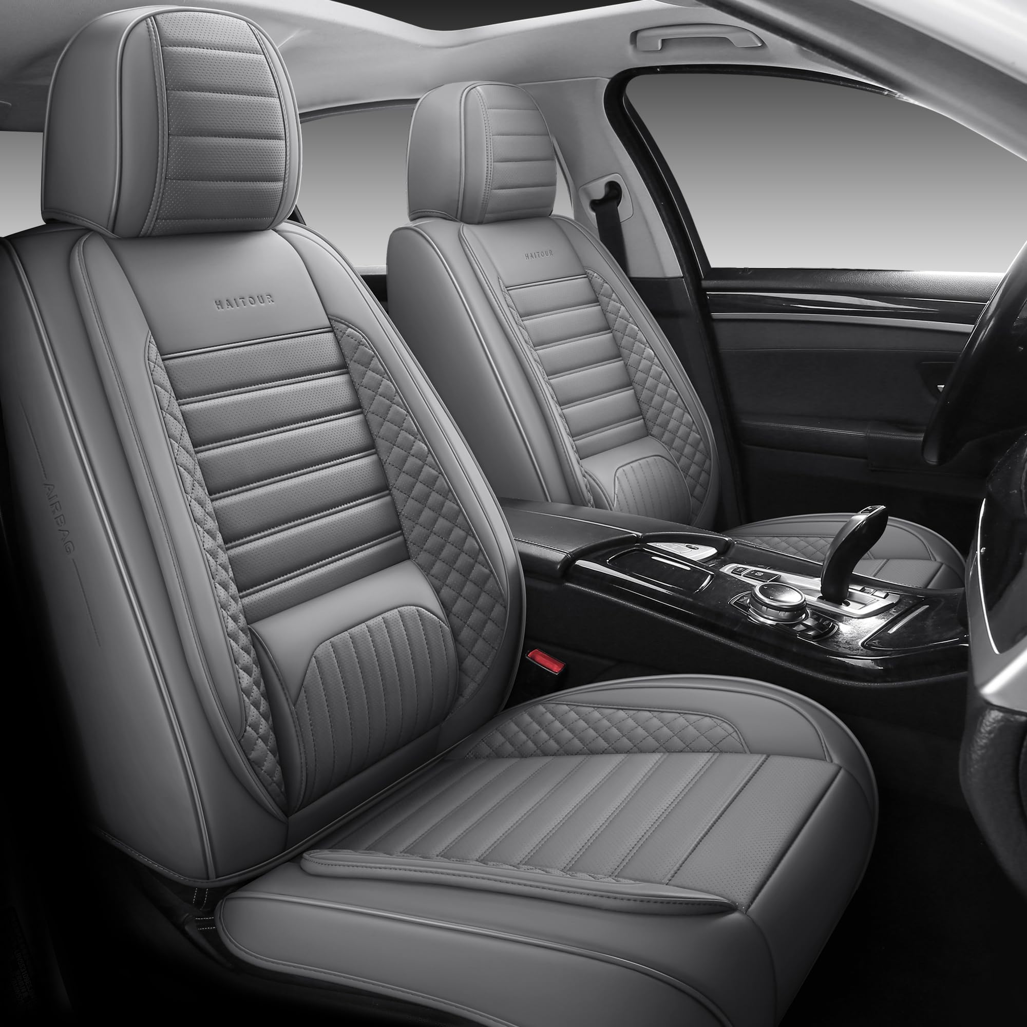 Full Coverage Leather Car Seat Covers Full Set Universal Fit for Most Cars Sedans Trucks SUVs with Waterproof Leatherette in Automotive Seat Cover Accessories (Grey)