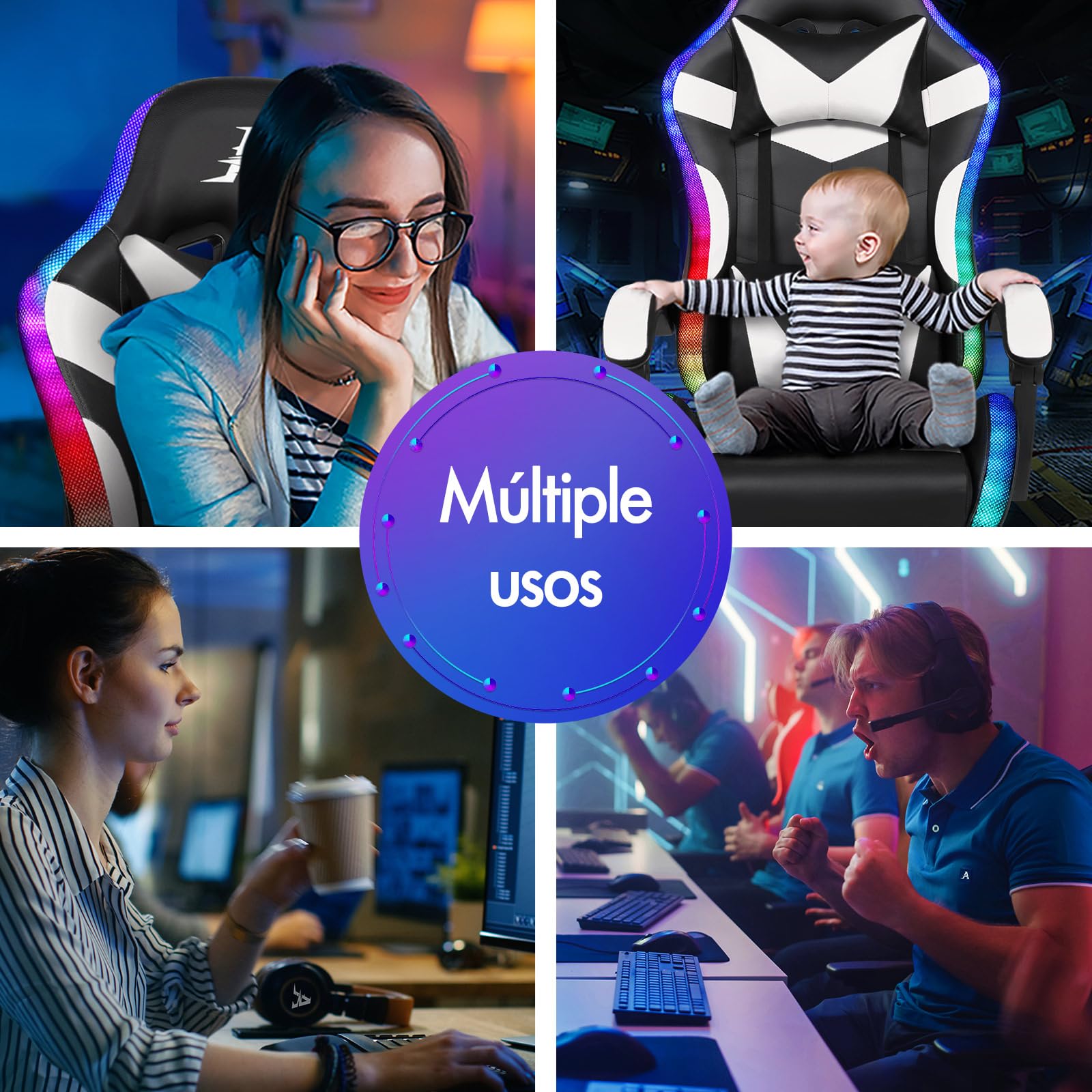ALFORDSON Silla Gaming con Masajeador y Luces LED, Silla Gamer Ergonómica para Escritorio, Altura Regulable Cadeira con Apoyo Lumbar y Reposacabezas, Respaldo Inclinable hasta 150°, Cuero PU(Blanca)