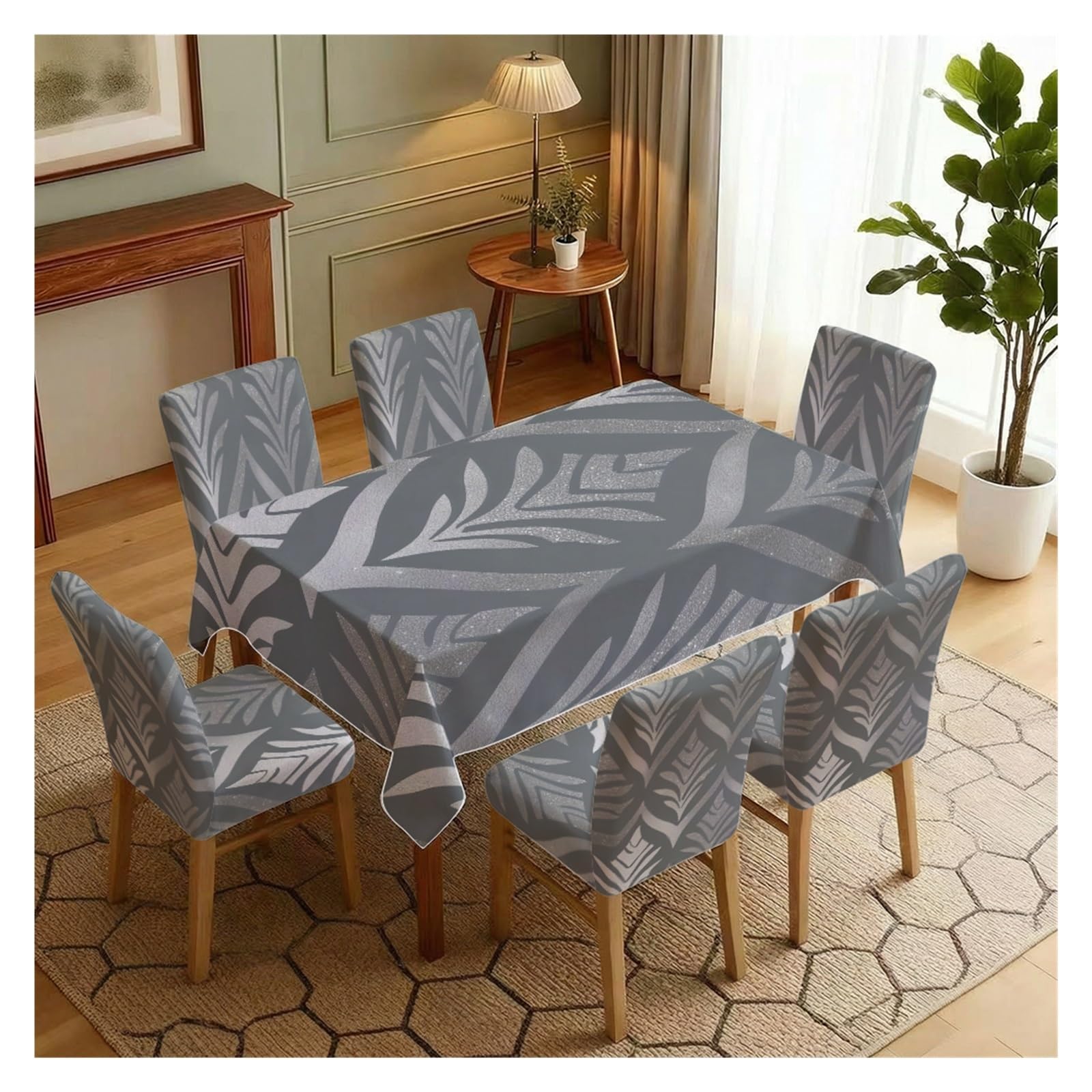 KXUAUV Gray Damask Print Tablecloth & Chair Covers Set, Slipcovers For Dining Room, Kitchen, Modern & Elegant Decor, 5/7 Pack Party Decor(7pcs Set: Tablecloth+Chair Covers)