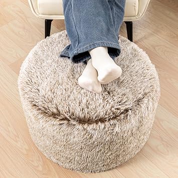 Stuffed Ottoman with Modern High Density Foam Faux Fur Pouf Stool Round Foot Stool Cushion Storage Ottoman 20 * 12Floor Pouf Ottoman Foot Rest for Living Room Snow Coffee