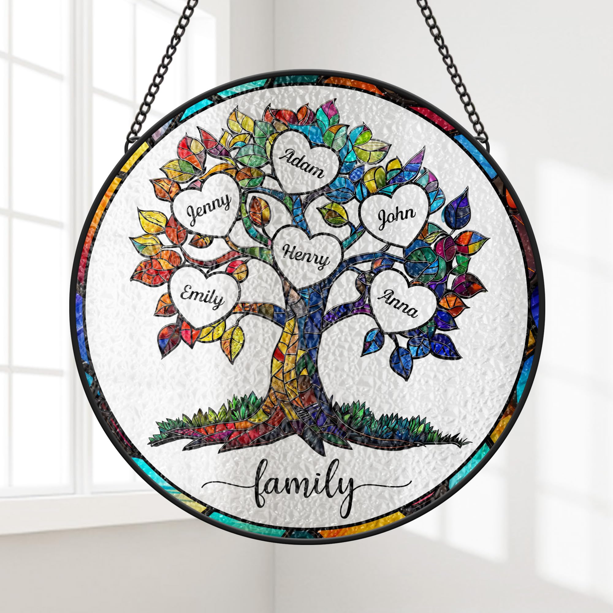 Personal Chic Personalised Stained Glass Suncatcher - Family Tree - Sun Catchers For Windows, Grandma Suncatcher, Crystal Suncatcher, Plant Suncatcher (Model #2)