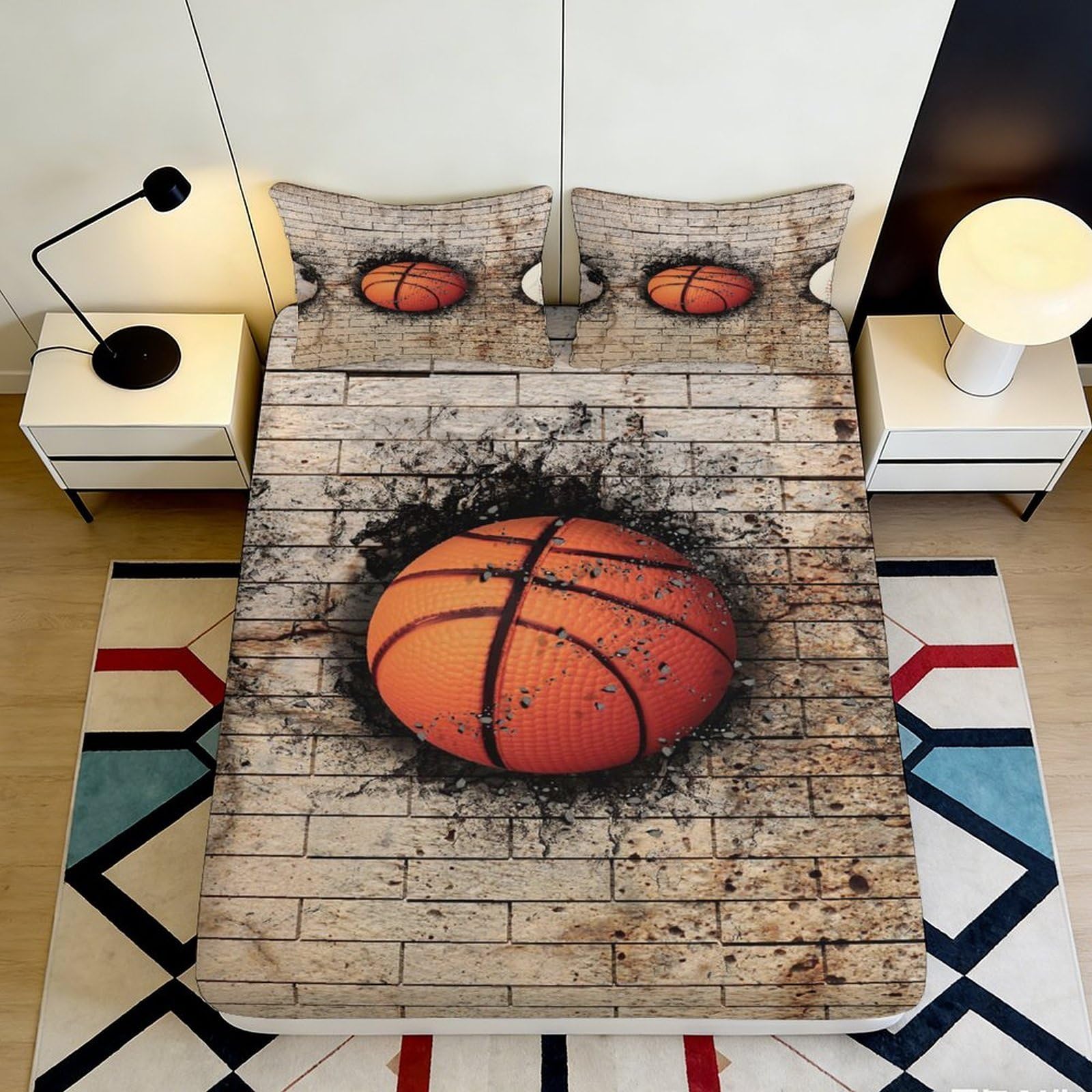 3D Printed Basketball Court Fitted Sheet Microfiber Soft Non-slip Orange Graffiti Bed Cover for Bedroom Dorm Mattress Protection Decor 90x200x25cm