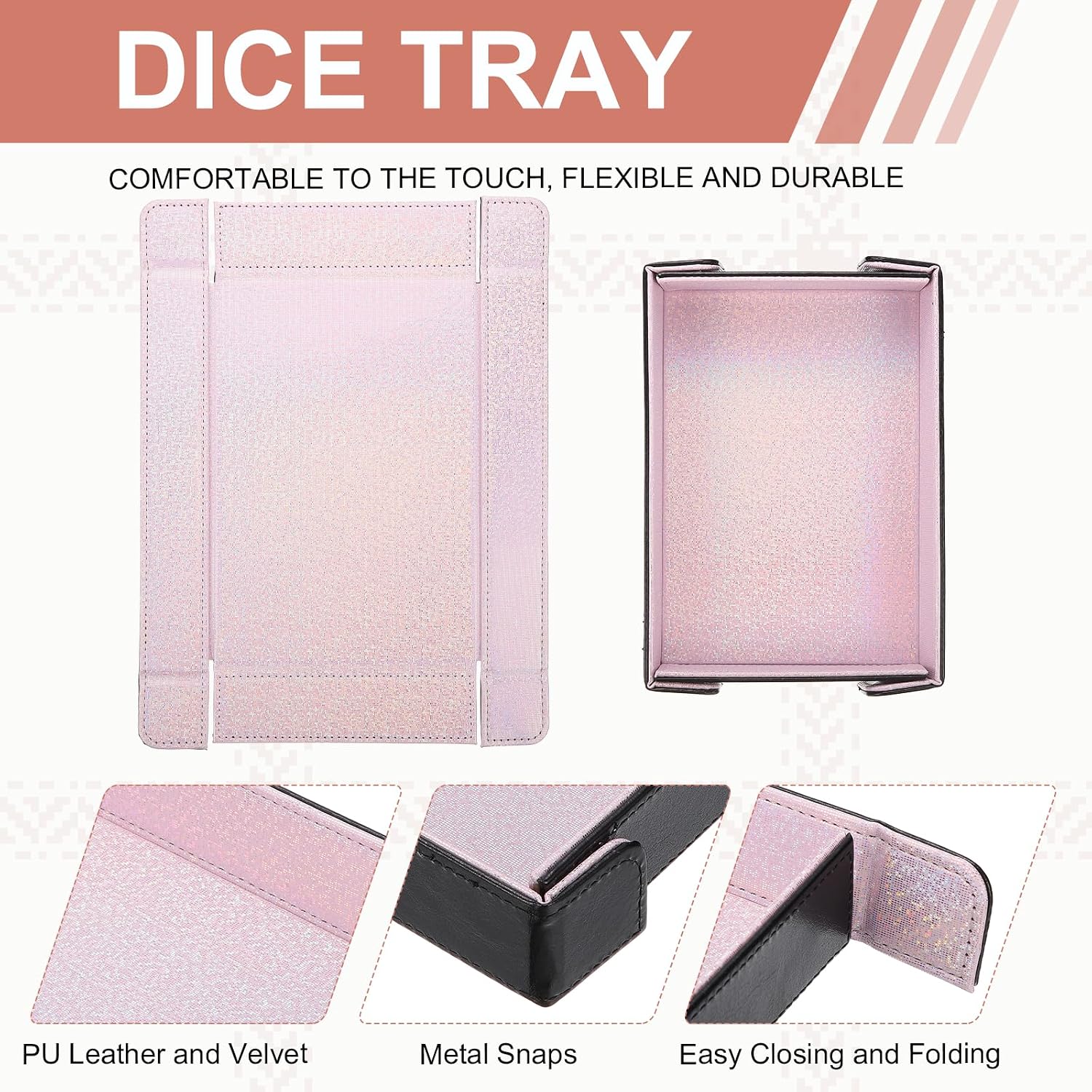 Dice Tray PU Leather Mat Magnetic Folding Dice Rolling Tray Holder Laser Gradient Rectangle Storage Box Perfect for DND Table Games & Entryway & Nightstand Organizer (Pink) image 3