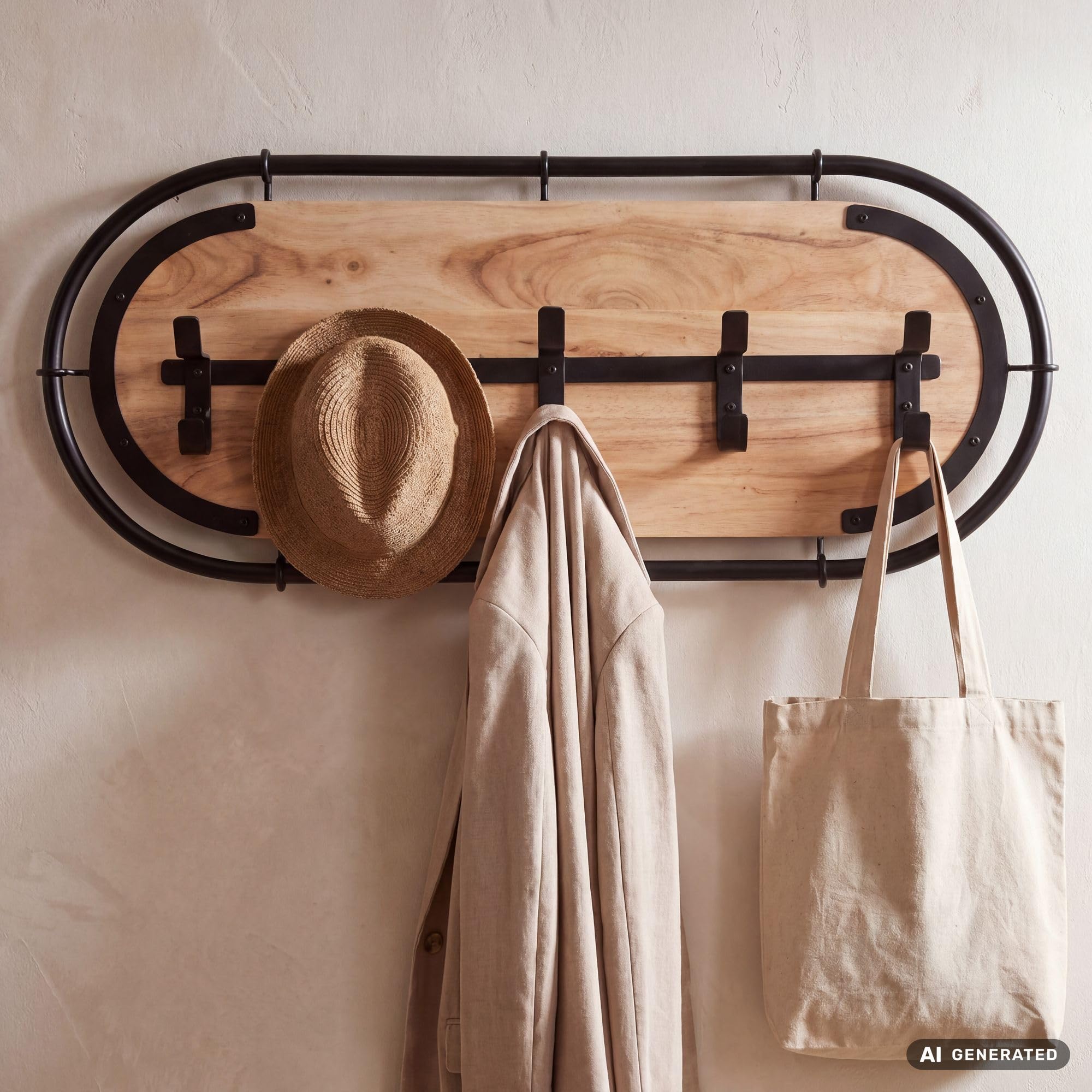 FineBuy Portemanteau mural 80 x 6,5 x 34 cm Acacia Massif Métal Fait main