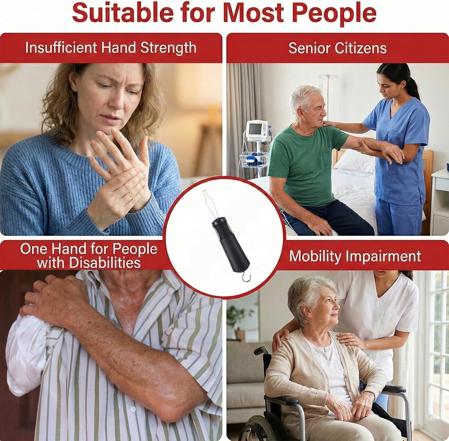 2-in-1 Button Hook with Zipper Pull, Non-Slip Button Assist Tool, One-Handed Dressing Aids Helper for Seniors, Arthritis Sufferers, Disabled & Limited Hand Mobility, Independent Living Aid (Black)