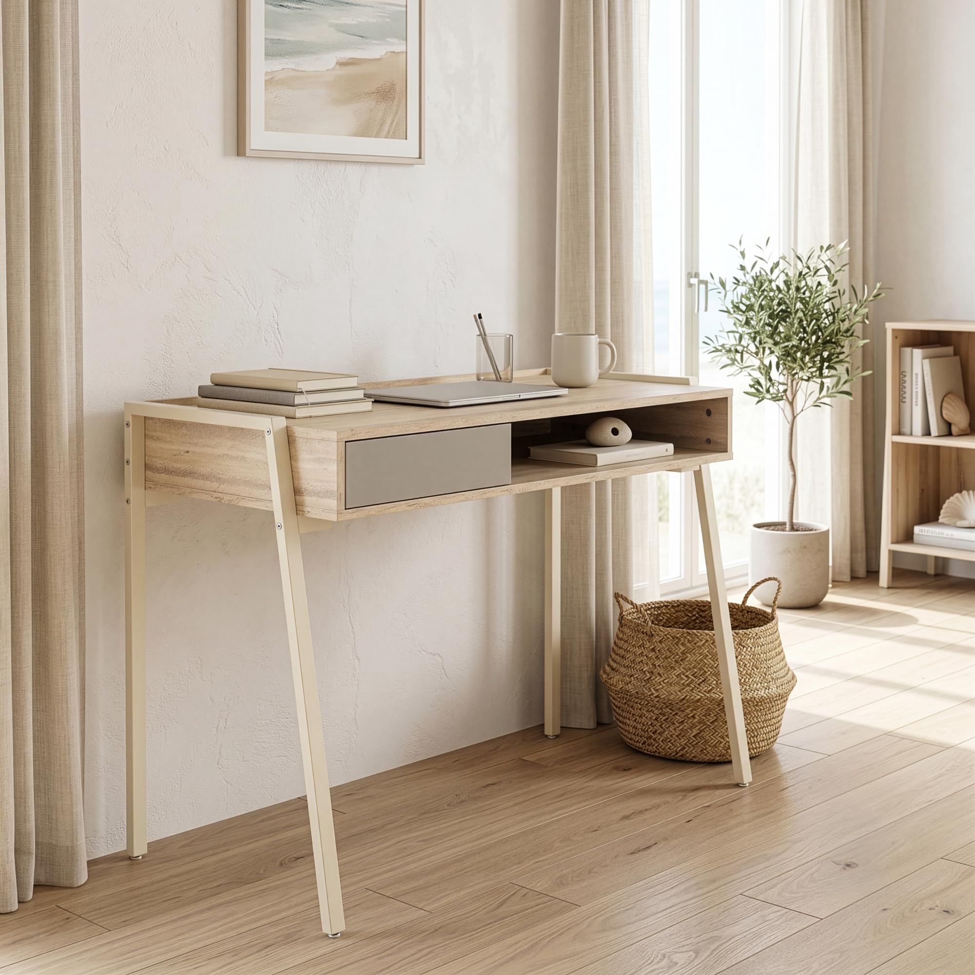 [en.casa] Bureau Boderas 107 x 55 x 78 cm Beige Effet Travertin | compartiment ouvert, tiroir, rebords surélevés, structure robuste, pieds réglables, compact, télétravail, home office