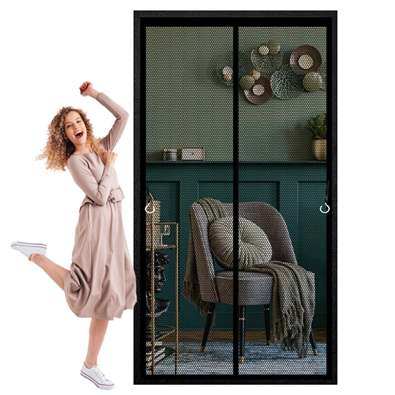 Magnetic Fly Screen Door 86 x 236 cm Frame Hook & Loop, Powerful Magnets Fly Screen Curtain Lets Fresh Air, Easy to Install for Living Garage Doors, Black
