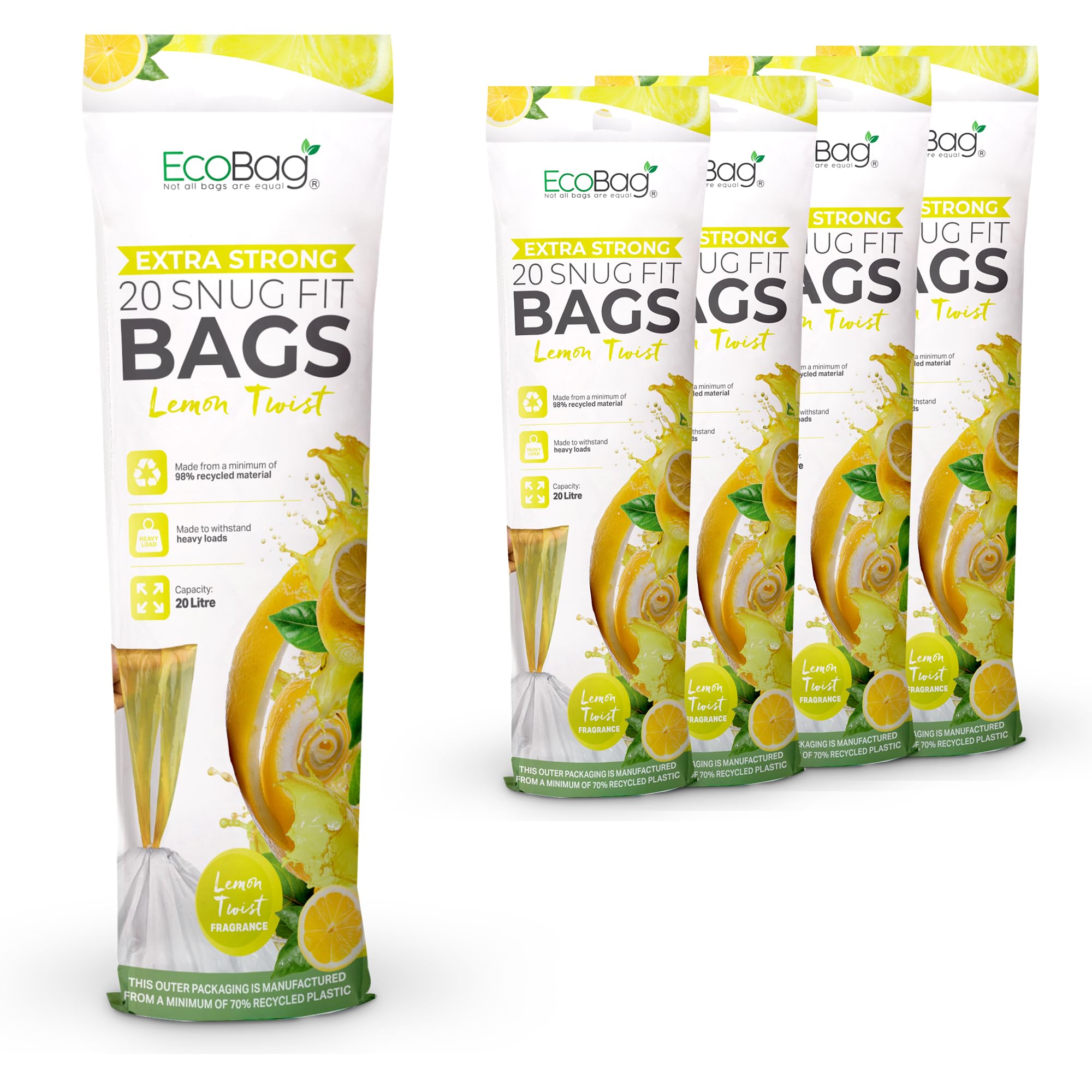 Ecobag - 100 Pack Lemon Scented Kitchen Drawstring Bin Liner - 20L - 24 Microns - Heavy Duty, Extra Strong, Brabantia Compatible, Tear Resistant, Fresh Smell (420 X 760Mm)