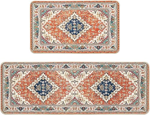 Artoid Mode Juego de 2 tapetes de cocina bohemios florales naranjas, decoración bohemia para el hogar, alfombras de cocina de bajo perfil para piso,