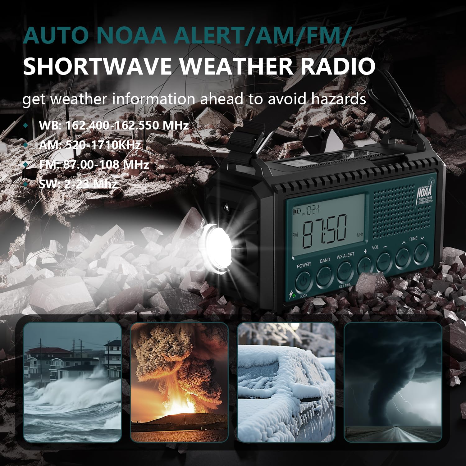 Radio meteo a manovella di emergenza con avvisi automatici NOAA e onde corte, 5000mAh | Ricarica solare, AM/FM/SW, torcia, lampada da lettura, allarme SOS, caricatore del telefono, orologio e ampio display LCD