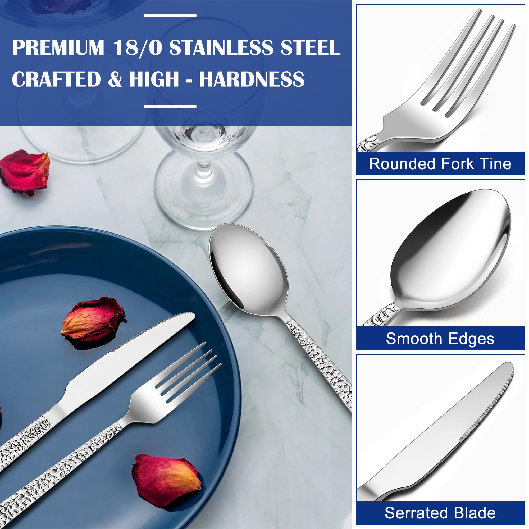 E-far 12-Piece Hammered Silverware Set, Stainless Steel Flatware Set for 4 — Amazon image 3