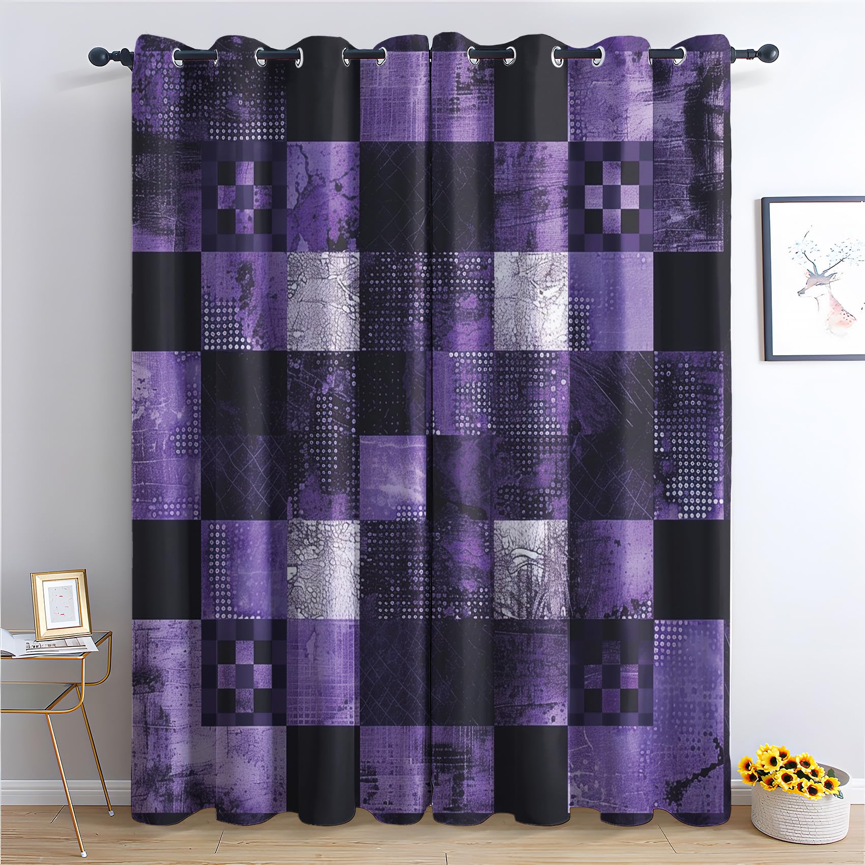 NejZoltrix Purple and Black Blackout Curtains, Plaid Checkered Gingham Window Curtains & Bedroom Decor Modern Aesthetic Curtains for Living Room,